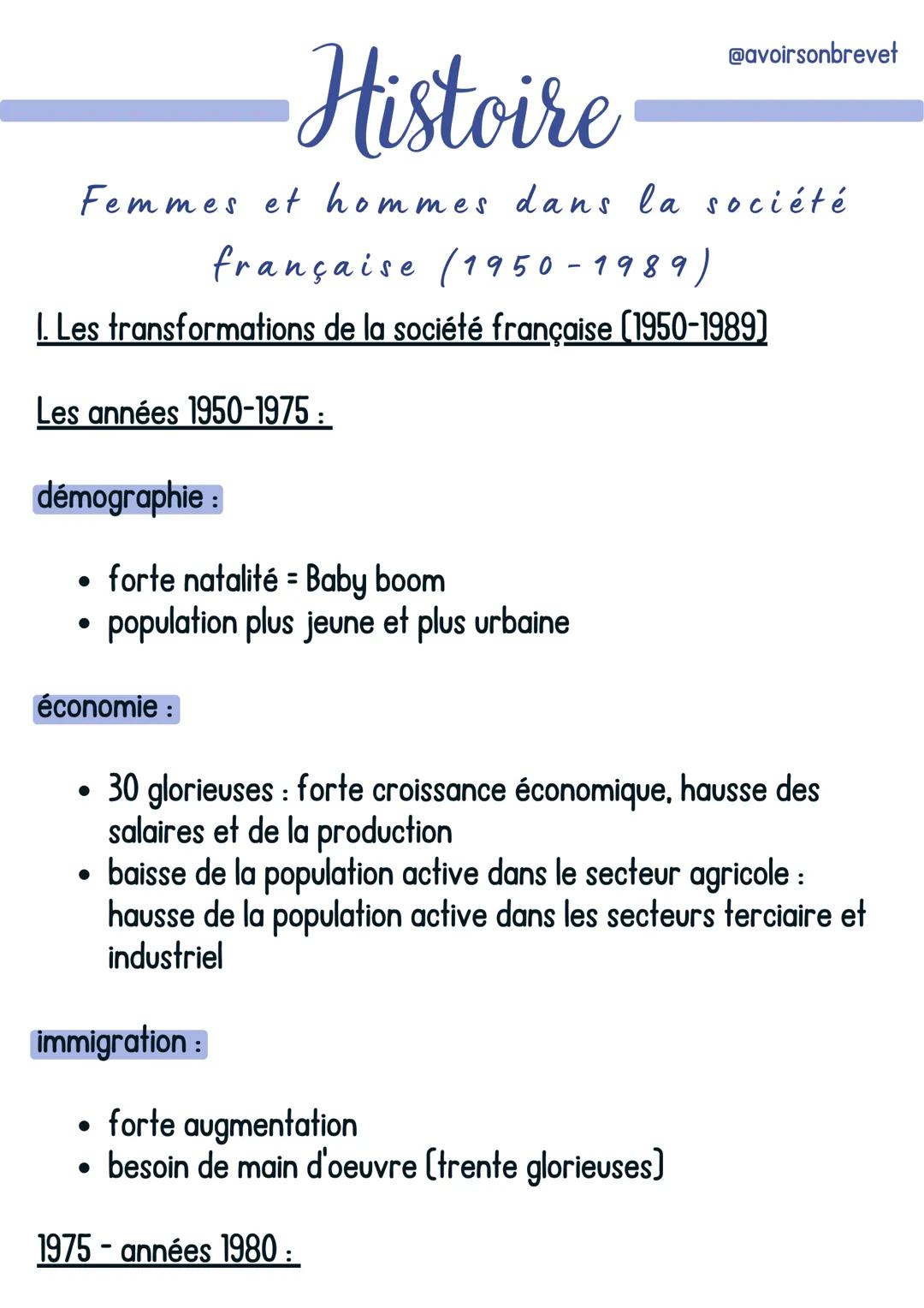 •Histoire
@avoirsonbrevet
Femmes et hommes dans la société
française (1950-1989)
I. Les transformations de la société française (1950-1989)