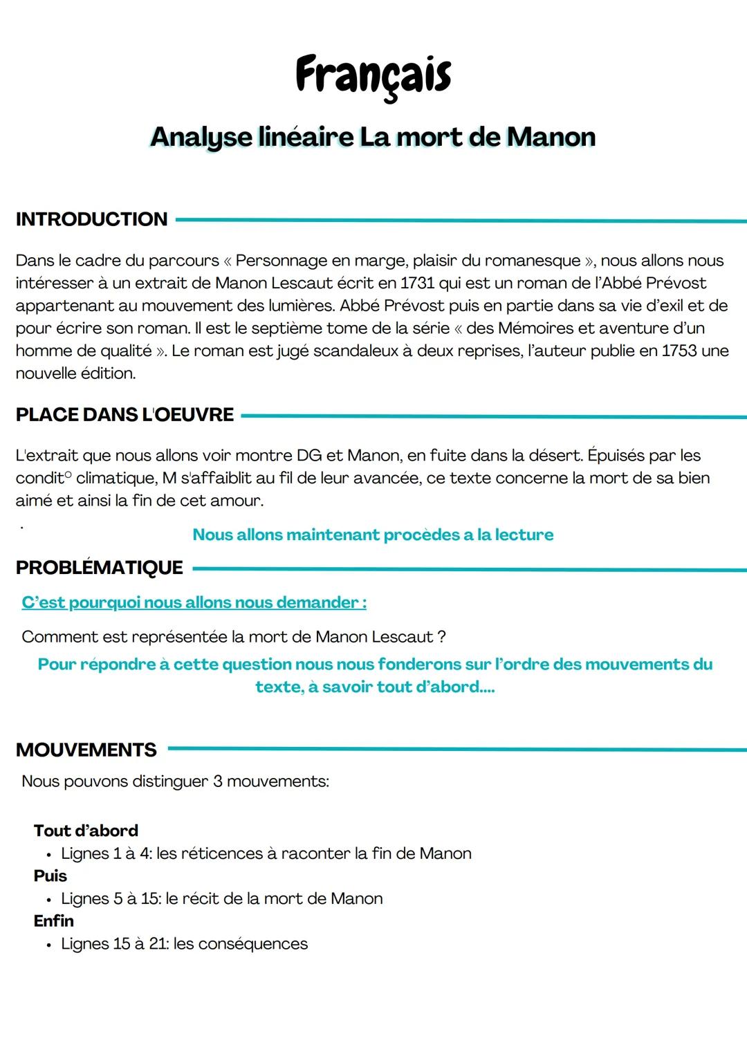 # Français
# Analyse linéaire La mort de Manon
INTRODUCTION
Dans le cadre du parcours << Personnage en marge, plaisir du romanesque », no