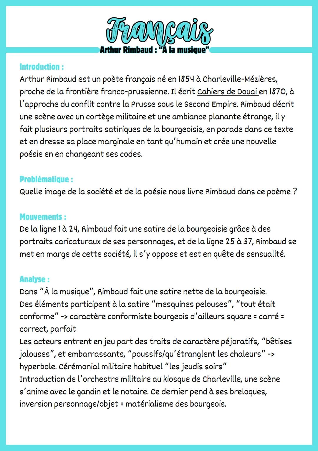 Introduction:
Français
Arthur Rimbaud : "A la musique"
Arthur Rimbaud est un poète français né en 1854 à Charleville-Mézières,
proche de la