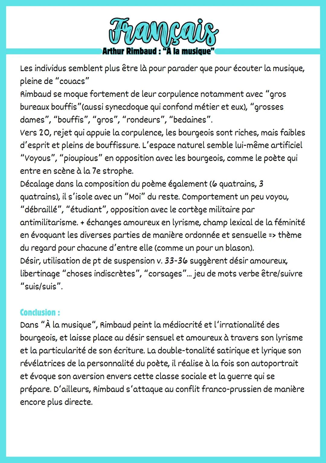 Introduction:
Français
Arthur Rimbaud : "A la musique"
Arthur Rimbaud est un poète français né en 1854 à Charleville-Mézières,
proche de la