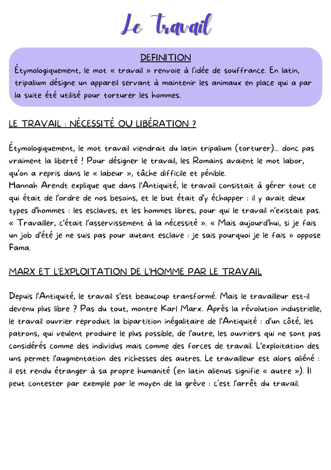 Le travail
DEFINITION
Étymologiquement, le mot « travail » renvoie à l'idée de souffrance. En latin,
tripalium désigne un appareil servant à