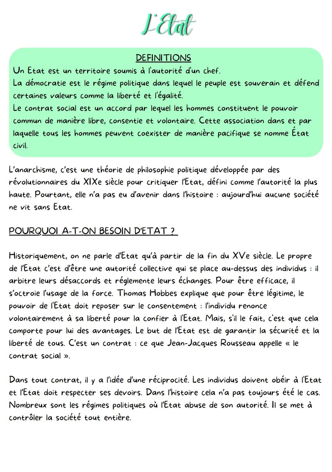 # L'Etat
DEFINITIONS
Un Etat est un territoire soumis à l'autorité d'un chef.
La démocratie est le régime politique dans lequel le peuple