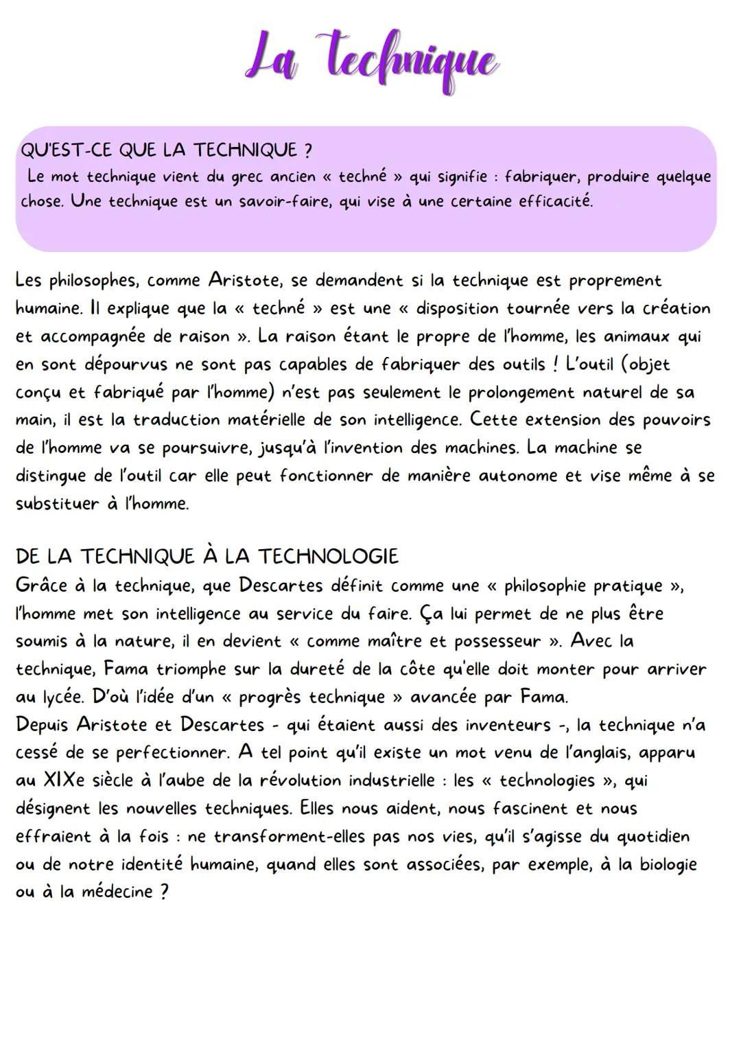 La technique
QU'EST-CE QUE LA TECHNIQUE ?
Le mot technique vient du grec ancien « techné » qui signifie fabriquer, produire quelque
chose. U