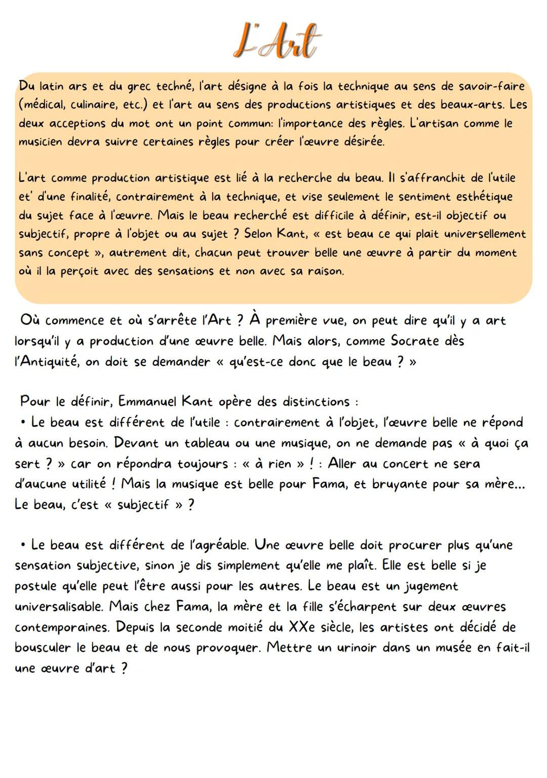 L'Art
Du latin ars et du grec techné, l'art désigne à la fois la technique au sens de savoir-faire
(médical, culinaire, etc.) et l'art au se