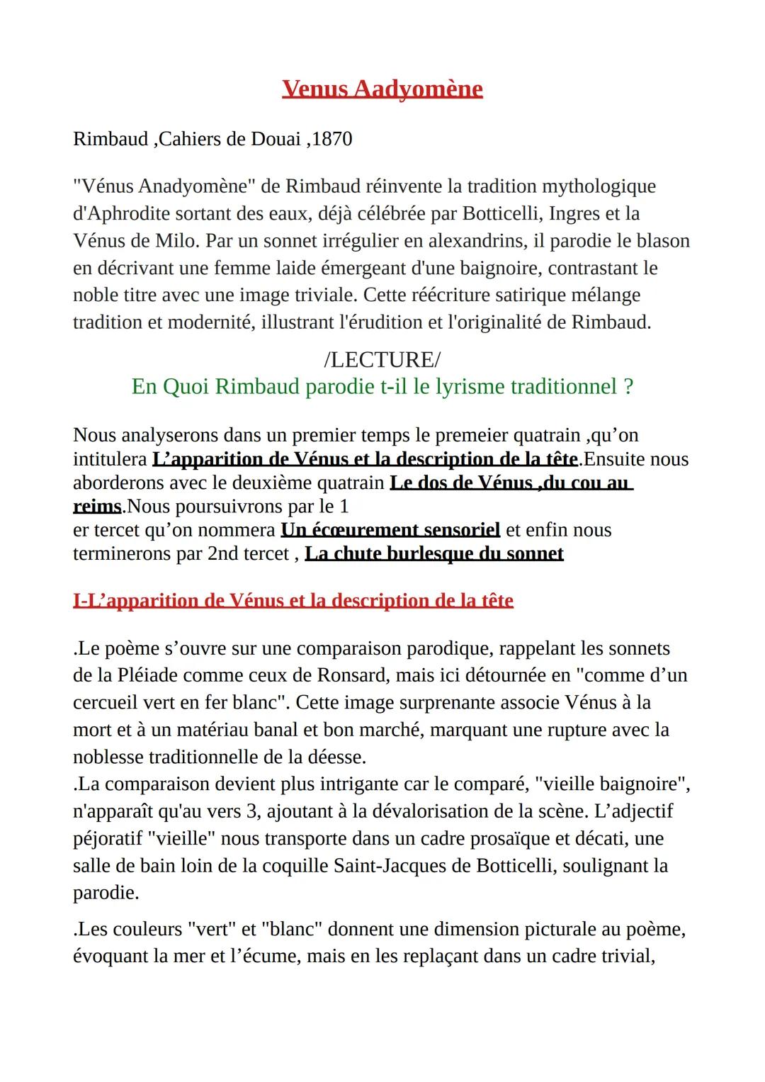 Venus Aadyomène
Rimbaud, Cahiers de Douai, 1870
"Vénus Anadyomène" de Rimbaud réinvente la tradition mythologique
d'Aphrodite sortant des ea