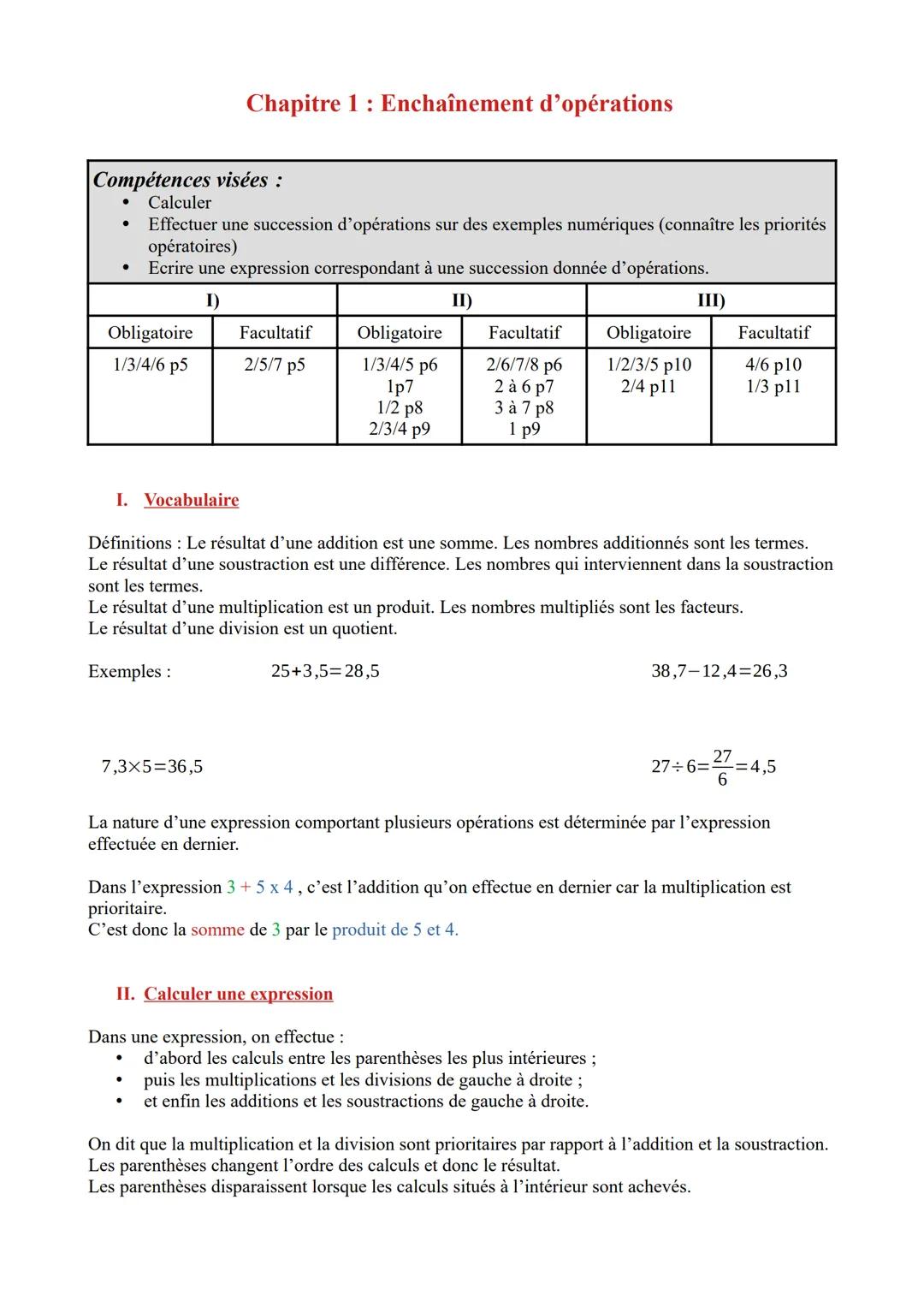 Chapitre 1: Enchaînement d'opérations
Compétences visées :
•
•
Calculer
Effectuer une succession d'opérations sur des exemples numériques (c