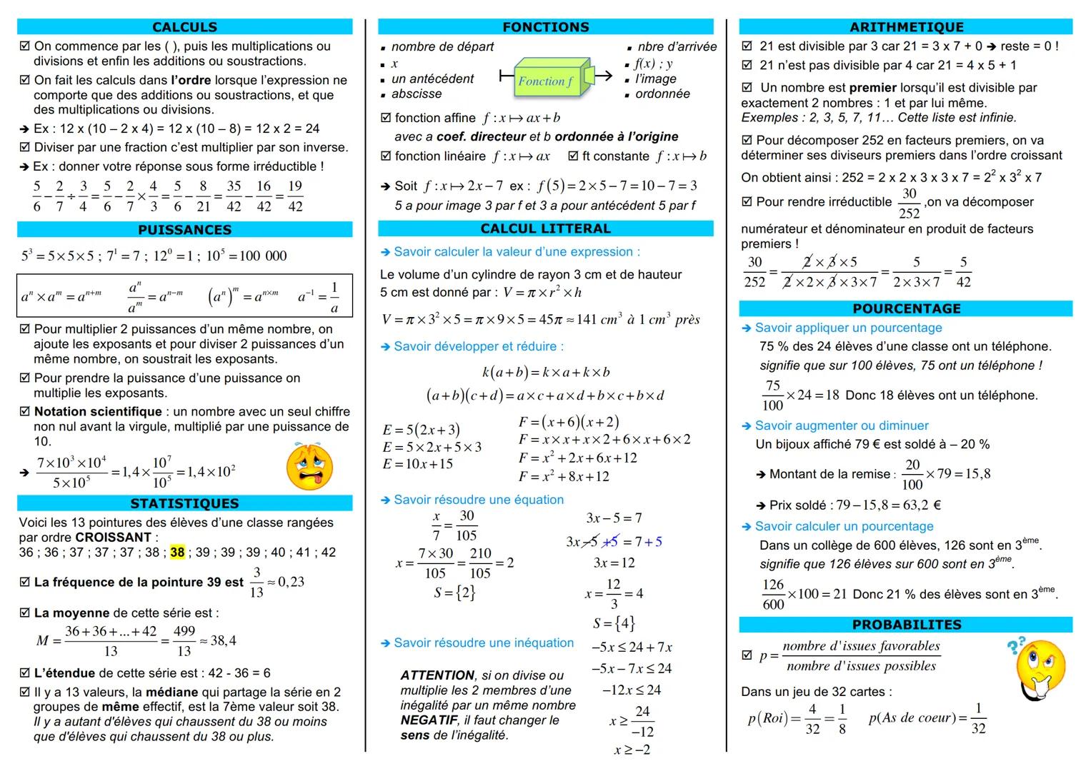 CALCULS
On commence par les (), puis les multiplications ou
divisions et enfin les additions ou soustractions.
On fait les calculs dans l'