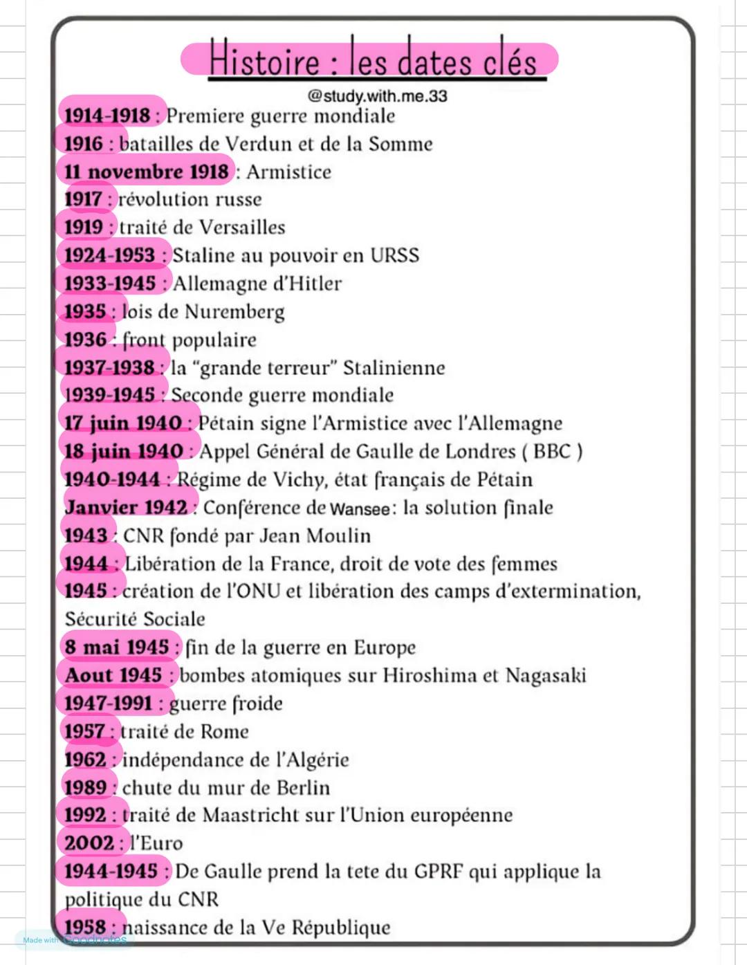Made with Goodnotes # Histoire : les dates clés
@study.with.me.33
1914-1918: Premiere guerre mondiale
1916: batailles de Verdun et de la Som