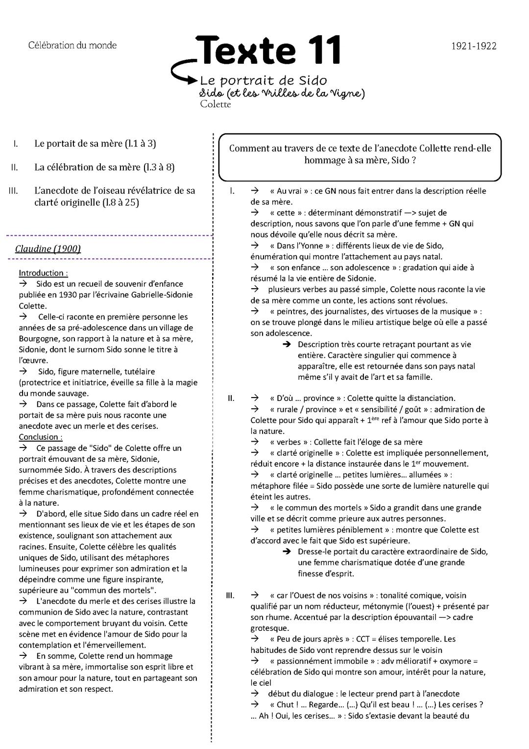 Lecture linéaire, Le portrait de Sido, SIDO, Colette, 1922