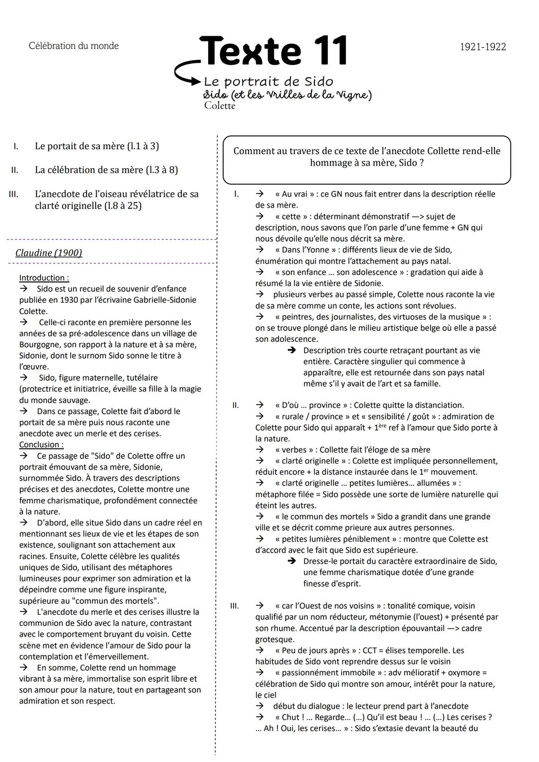 Célébration du monde
Texte 11
Le portrait de Sido
Sido (et les Vrilles de la vigne)
Colette
1921-1922
I.
Le portait de sa mère (1.1 à 3)
Com
