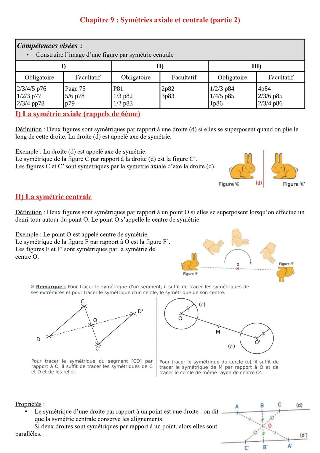 Compétences visées :
Chapitre 9: Symétries axiale et centrale (partie 2)
Construire l'image d'une figure par symétrie centrale
I)
II)
III)
O