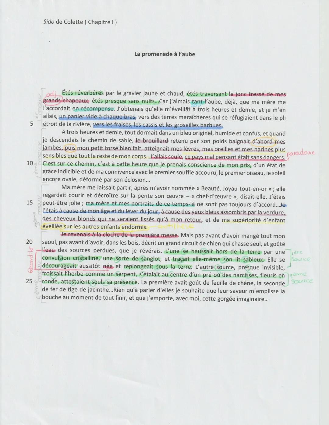 Analyse linéaire de "Promenade à l'aube" de Colette