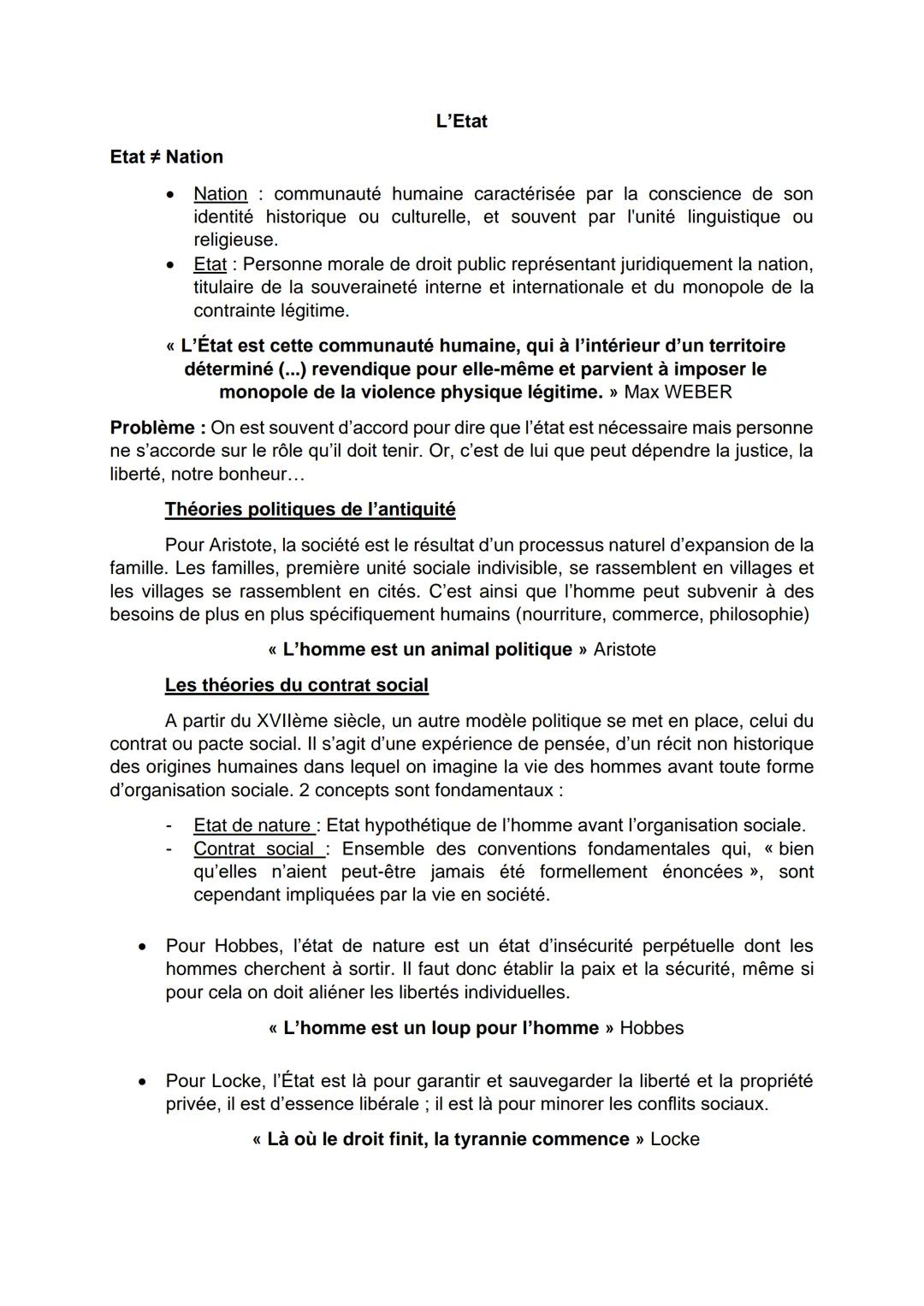 L'Etat
Etat Nation
•
•
Nation communauté humaine caractérisée par la conscience de son
identité historique ou culturelle, et souvent par l'u