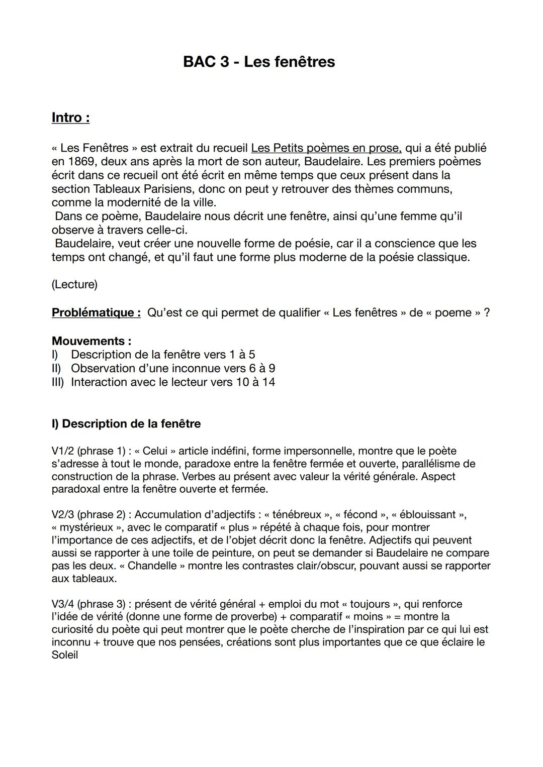 # BAC 3-Les fenêtres
Intro :
<<<< Les Fenêtres >> est extrait du recueil Les Petits poèmes en prose, qui a été publié
en 1869, deux ans ap