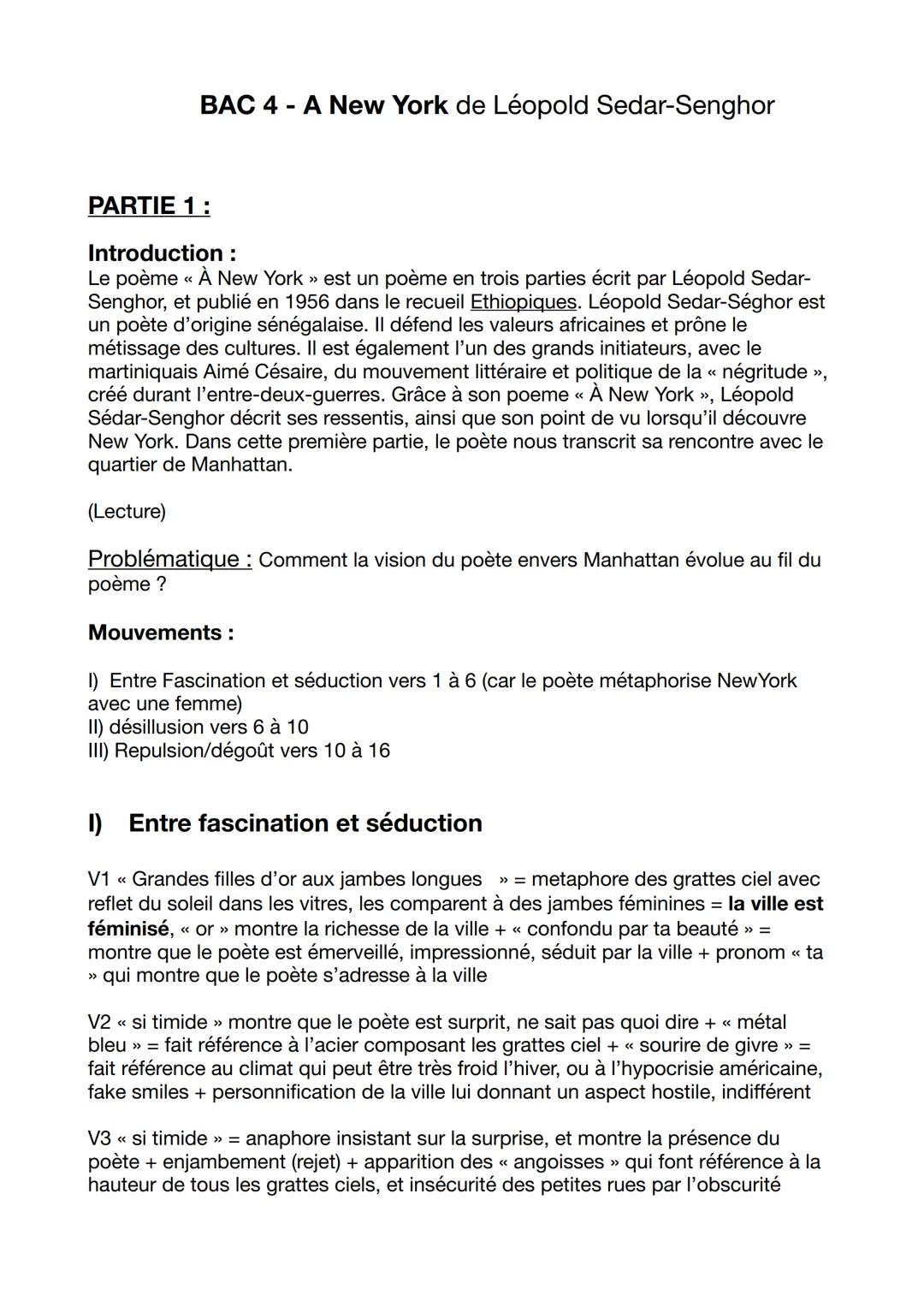 # BAC 4 - A New York de Léopold Sedar-Senghor
## PARTIE 1:
### Introduction:
Le poème << À New York >> est un poème en trois parties écrit