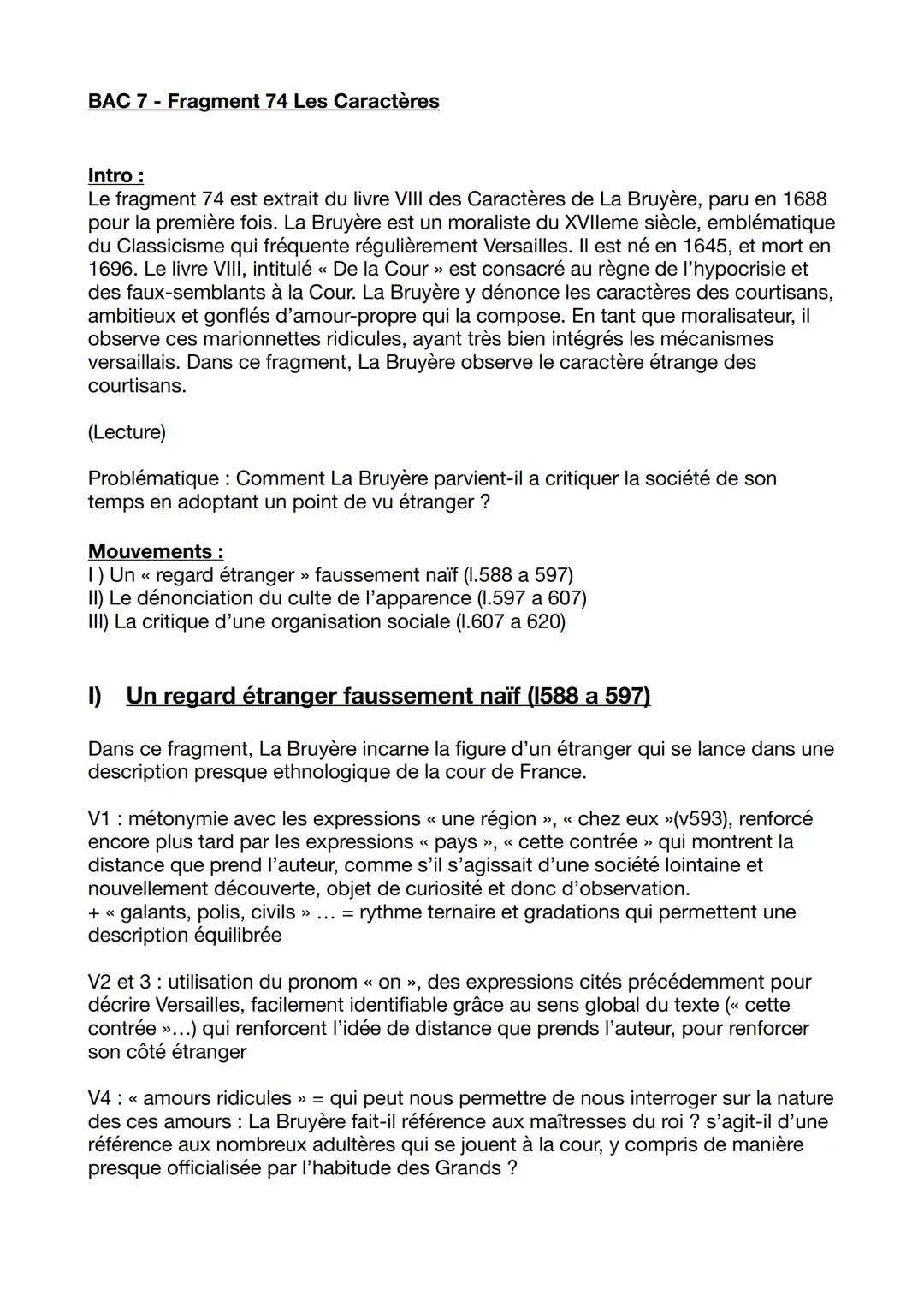 BAC 7 Fragment 74 Les Caractères
Intro:
Le fragment 74 est extrait du livre VIII des Caractères de La Bruyère, paru en 1688
pour la première