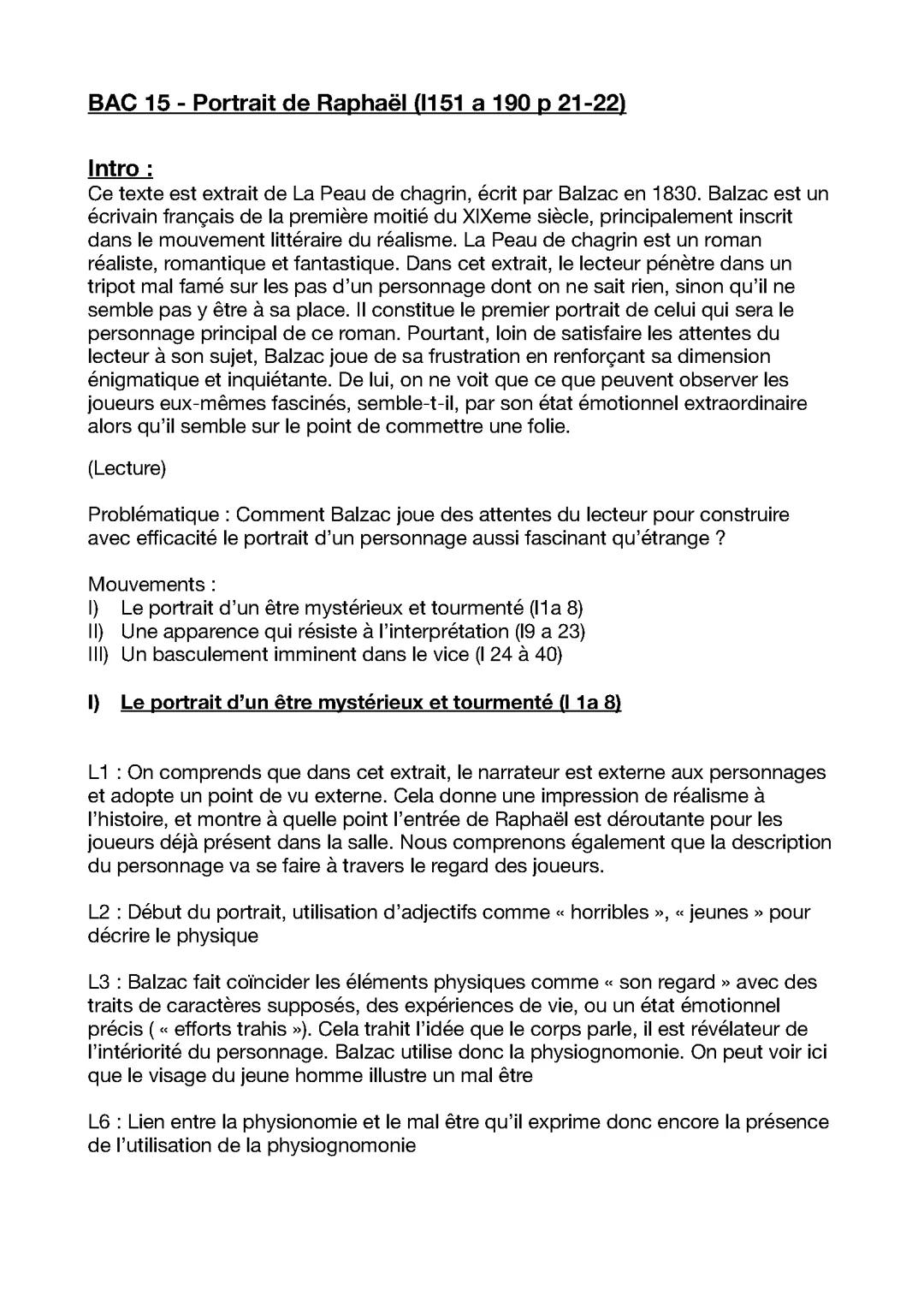 Analyse linéaire Portrait de Raphaël extrait de La peau de chagrin de Balzac