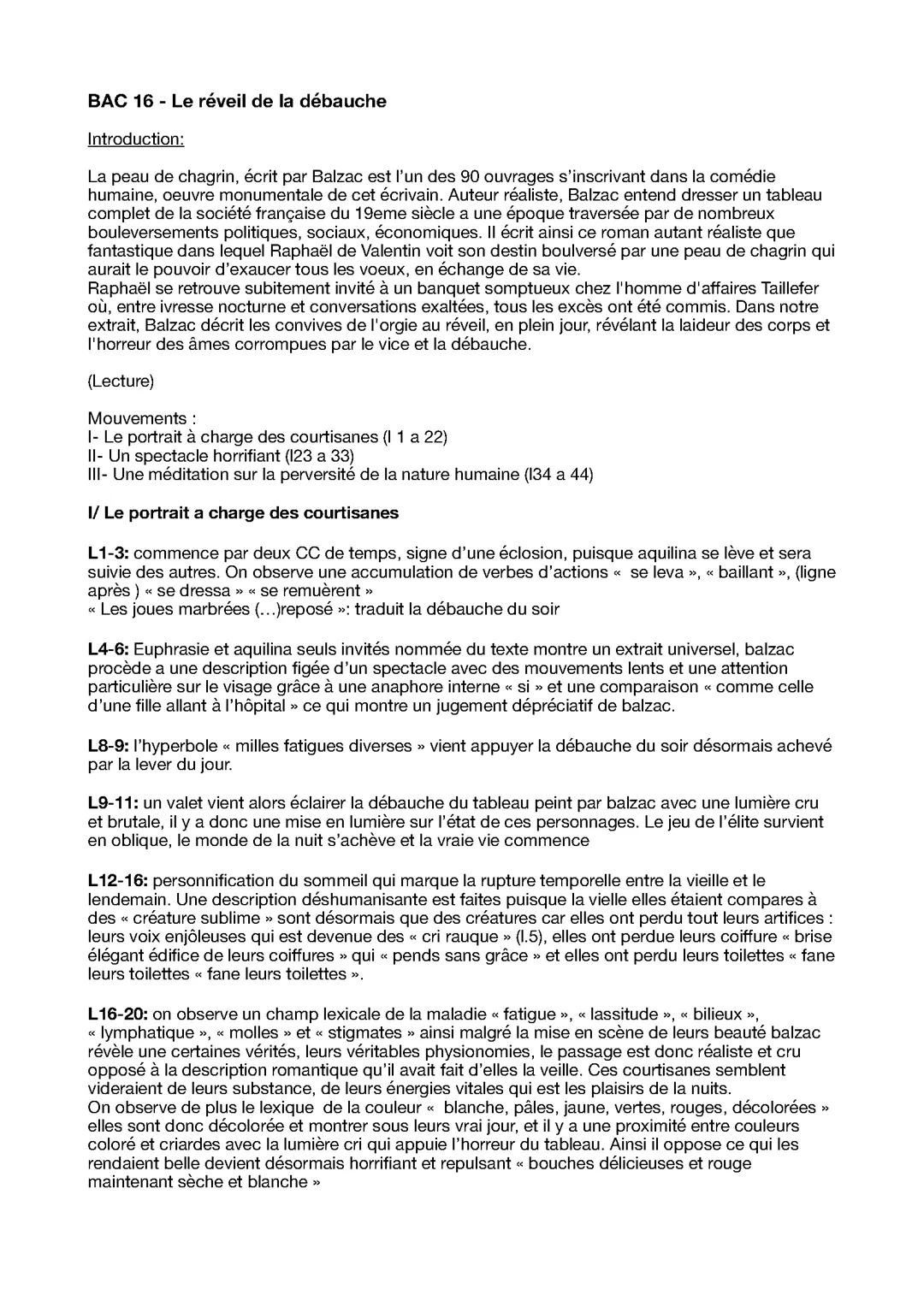 Analyse linéaire Réveil de la débauche extrait de La peau de Chagrin de Balzac