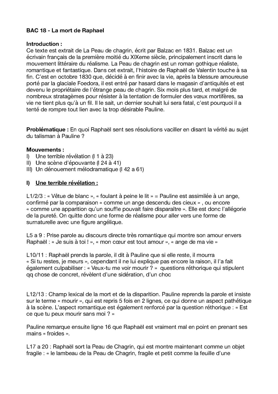 Analyse linéaire « mort de Raphaël » extrait de La Peau de Chagrin de Balzac