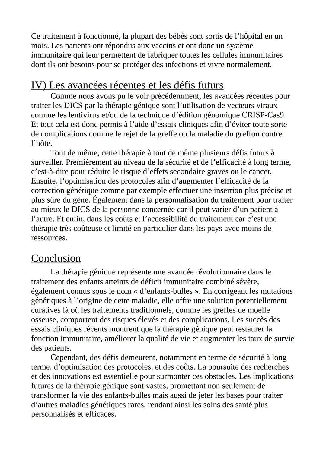 # COMMENT LA THÉRAPIE GÉNIQUE A-T-ELLE
# PERMIS DE SOIGNER DES « ENFANTS-BULLES » ?
Introduction :
Bonjour, alors aujourd'hui je vais vous