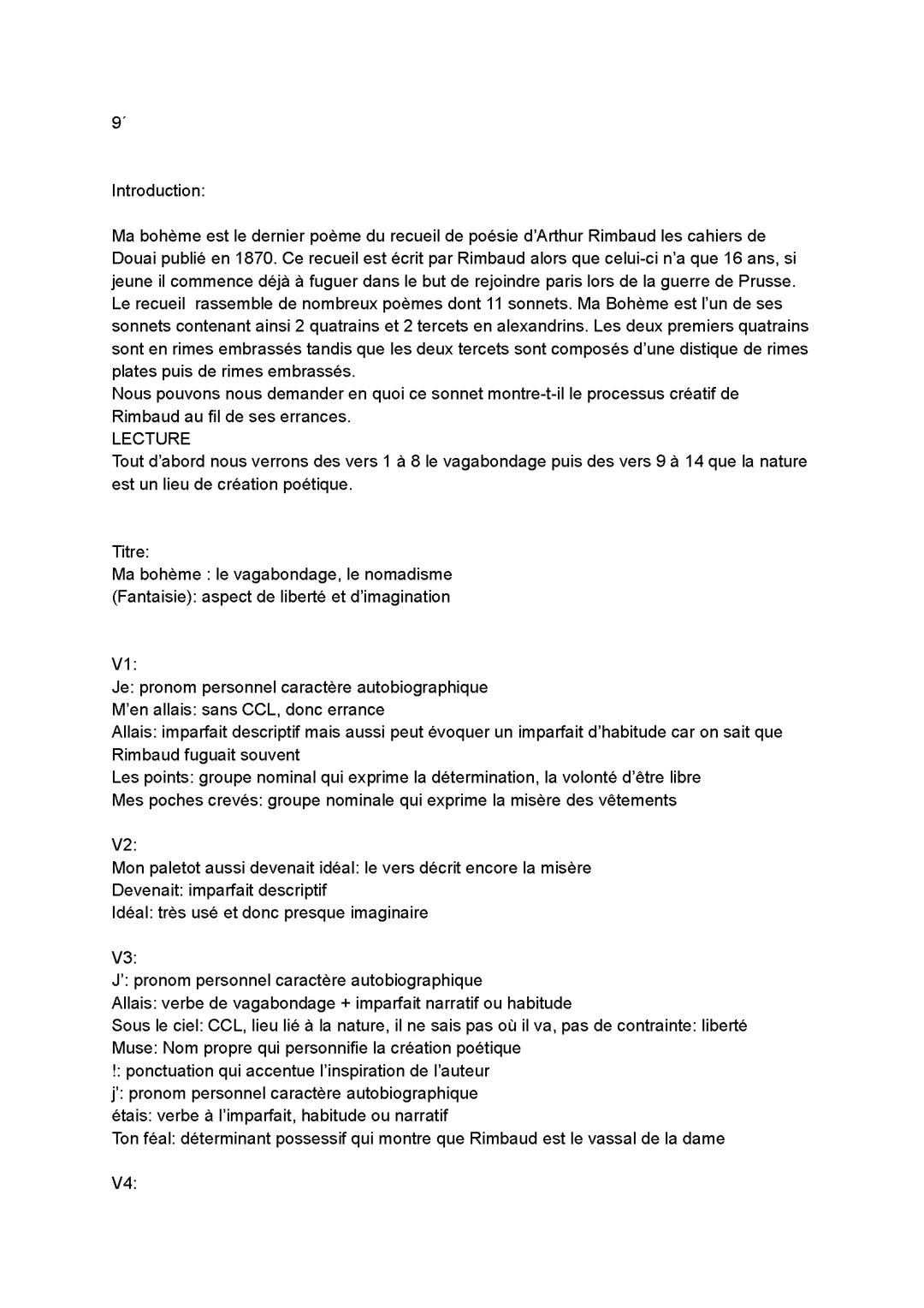 Ma bohème, analyse linéaire