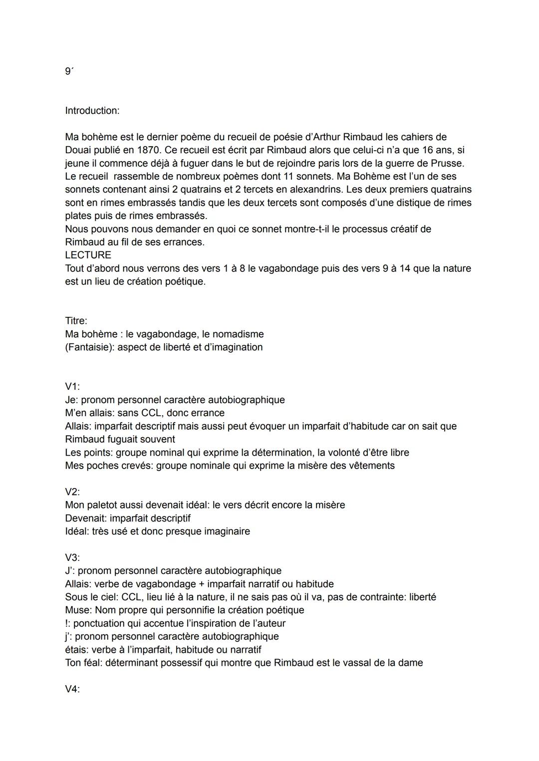 9'
Introduction:
Ma bohème est le dernier poème du recueil de poésie d'Arthur Rimbaud les cahiers de
Douai publié en 1870. Ce recueil est éc