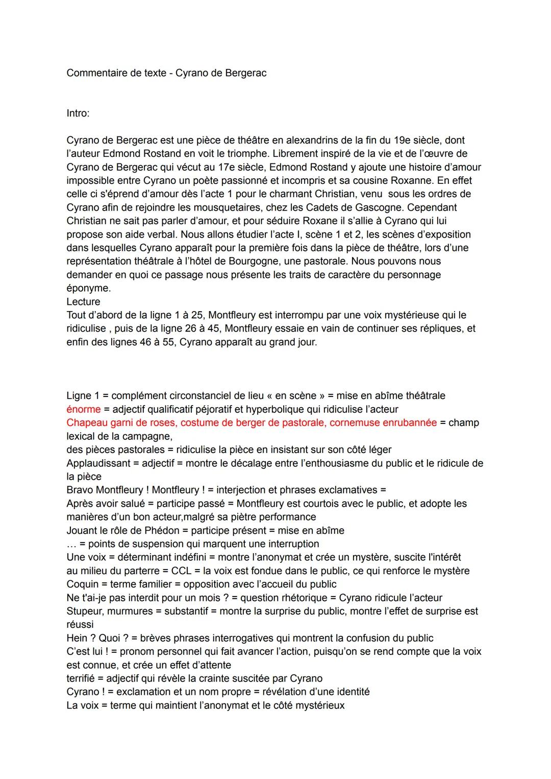 Commentaire de texte - Cyrano de Bergerac
Intro:
Cyrano de Bergerac est une pièce de théâtre en alexandrins de la fin du 19e siècle, dont
l'