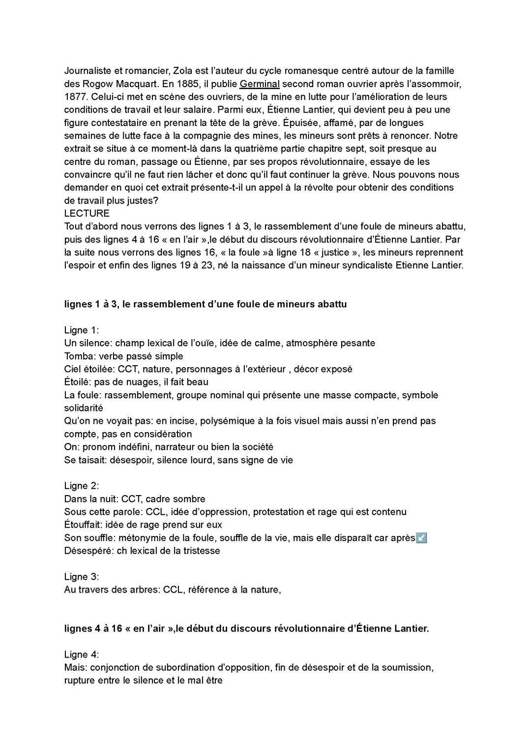 Germinal, Zola, analyse linéaire