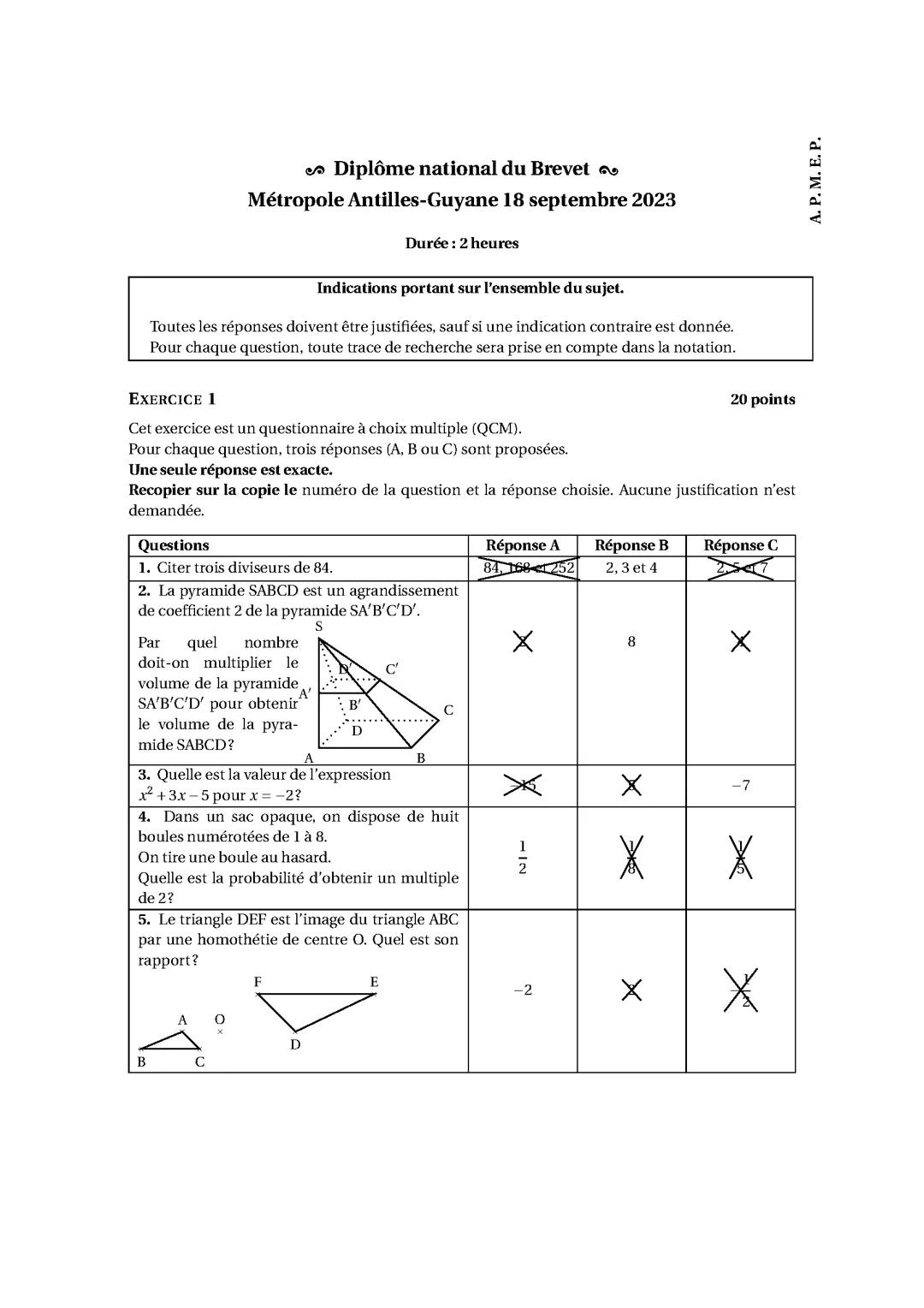 Sujet brevet maths corrigés, étranger, 18/09/23