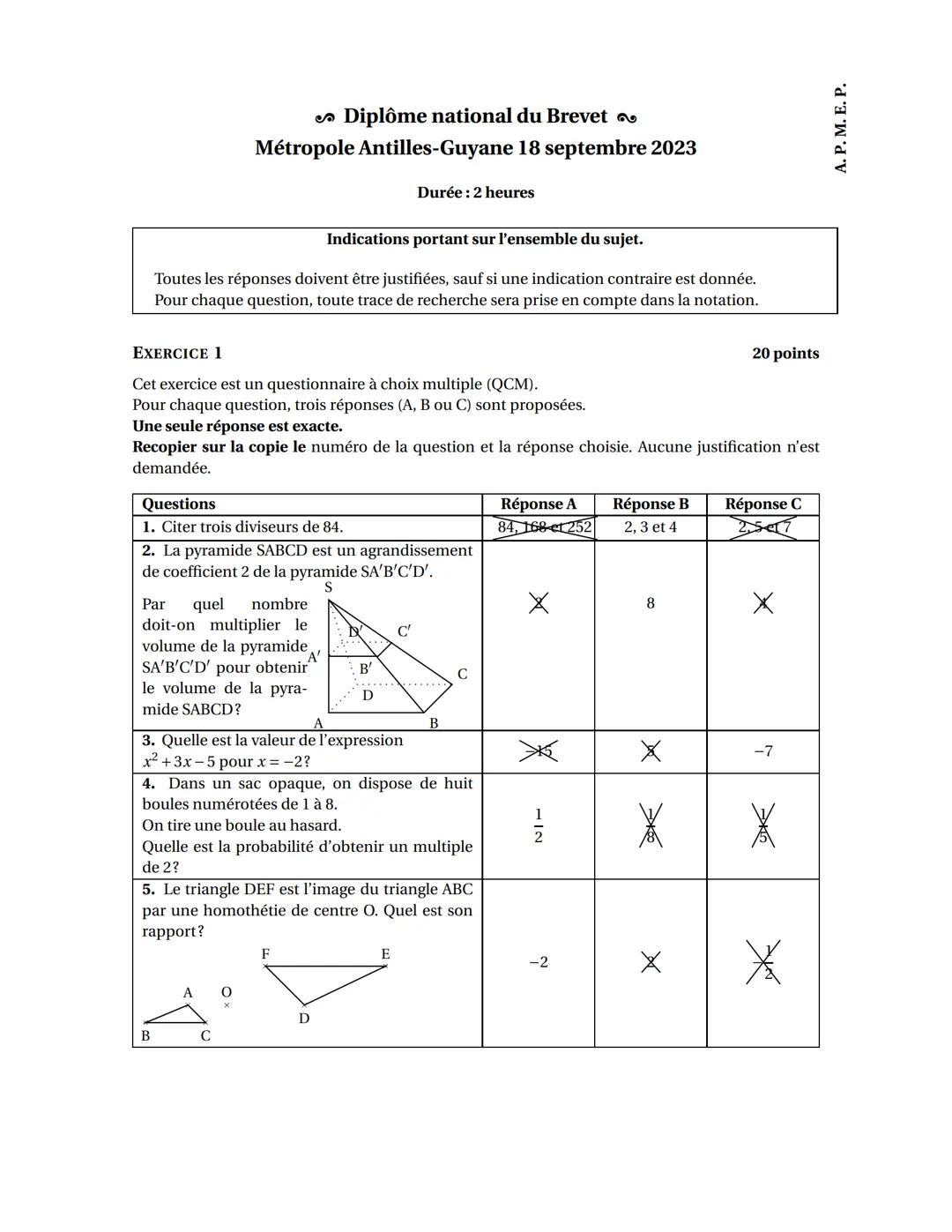 Diplôme national du Brevet
Métropole Antilles-Guyane 18 septembre 2023
Durée: 2 heures
Indications portant sur l'ensemble du sujet.
Toutes l