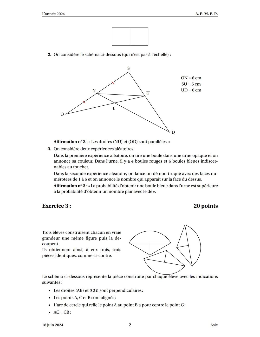 Sujet du brevet Asie 18 juin 2024
Exercice 1:
20 points
Cet exercice est un questionnaire à choix multiples (QCM). Aucune justification n