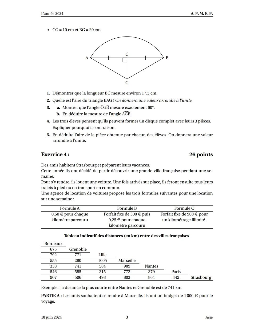 Sujet du brevet Asie 18 juin 2024
Exercice 1:
20 points
Cet exercice est un questionnaire à choix multiples (QCM). Aucune justification n