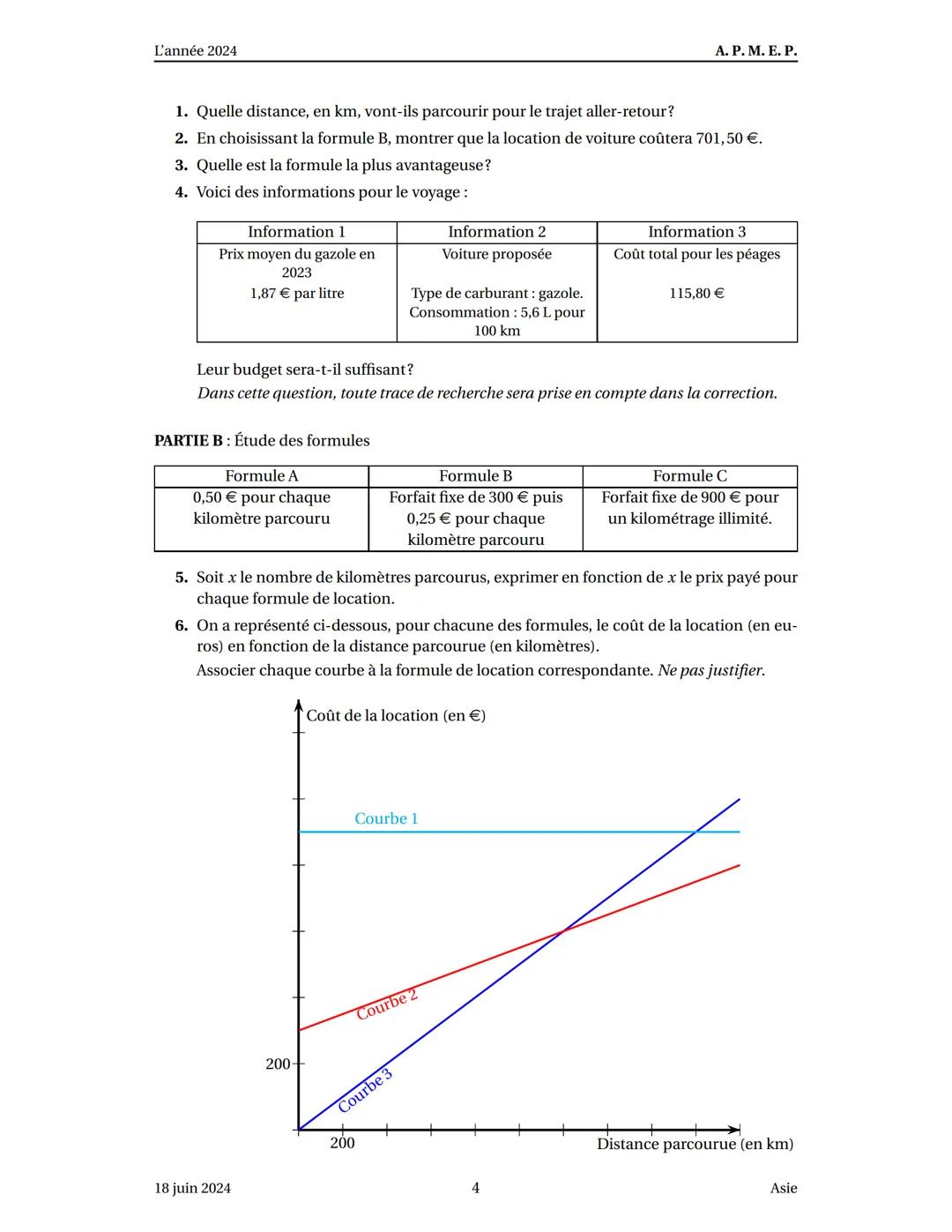Sujet du brevet Asie 18 juin 2024
Exercice 1:
20 points
Cet exercice est un questionnaire à choix multiples (QCM). Aucune justification n