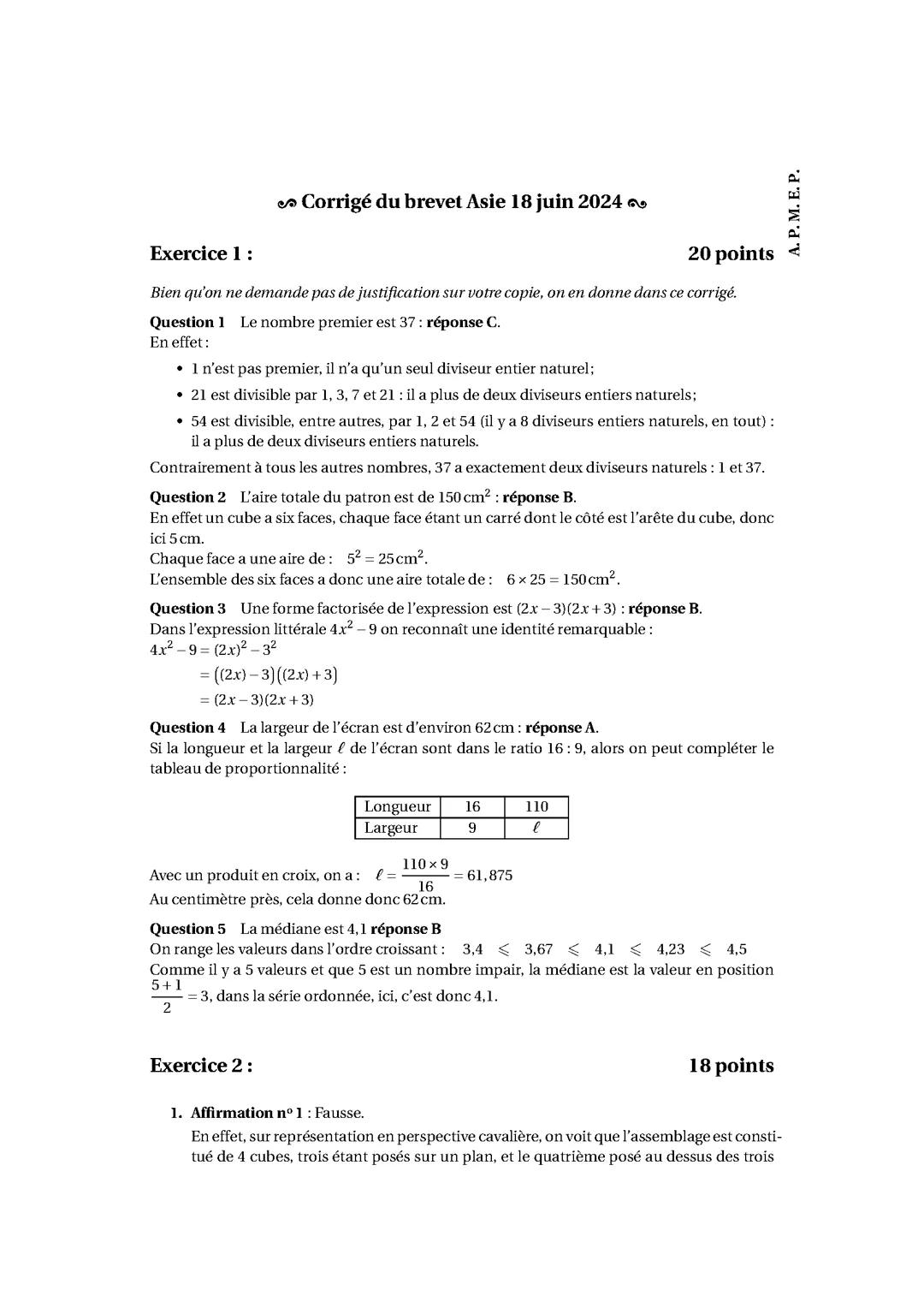 Le corrigé du sujet brevet, maths, Asie, 18/06/24