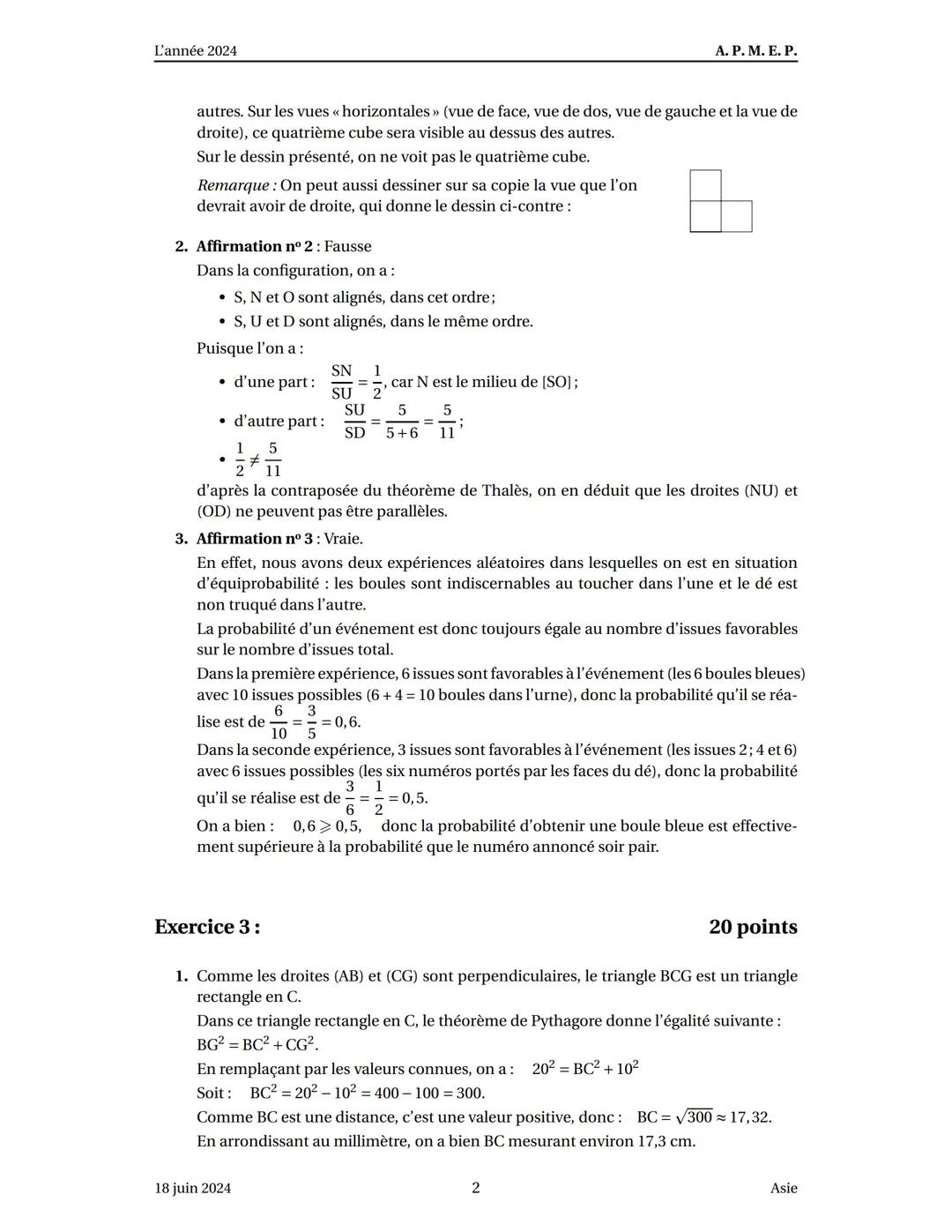 Exercice 1:
Corrigé du brevet Asie 18 juin 2024
20 points
Bien qu'on ne demande pas de justification sur votre copie, on en donne dans ce co