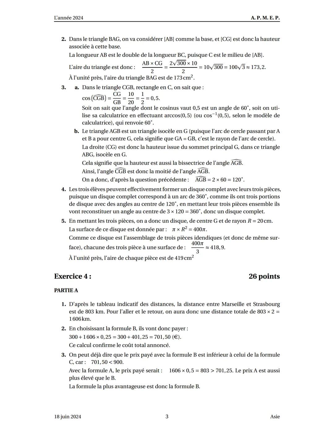 Exercice 1:
Corrigé du brevet Asie 18 juin 2024
20 points
Bien qu'on ne demande pas de justification sur votre copie, on en donne dans ce co