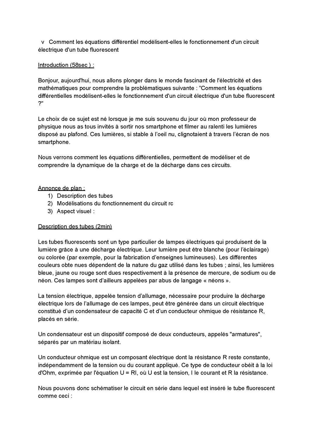 Sujet de grand oral physique - Maths sur les tubes fluorescents et le circuit RC