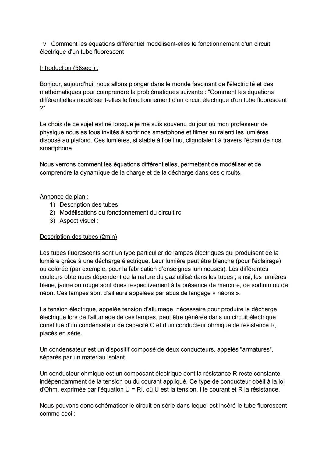 v Comment les équations différentiel modélisent-elles le fonctionnement d'un circuit
électrique d'un tube fluorescent
Introduction (58sec ):