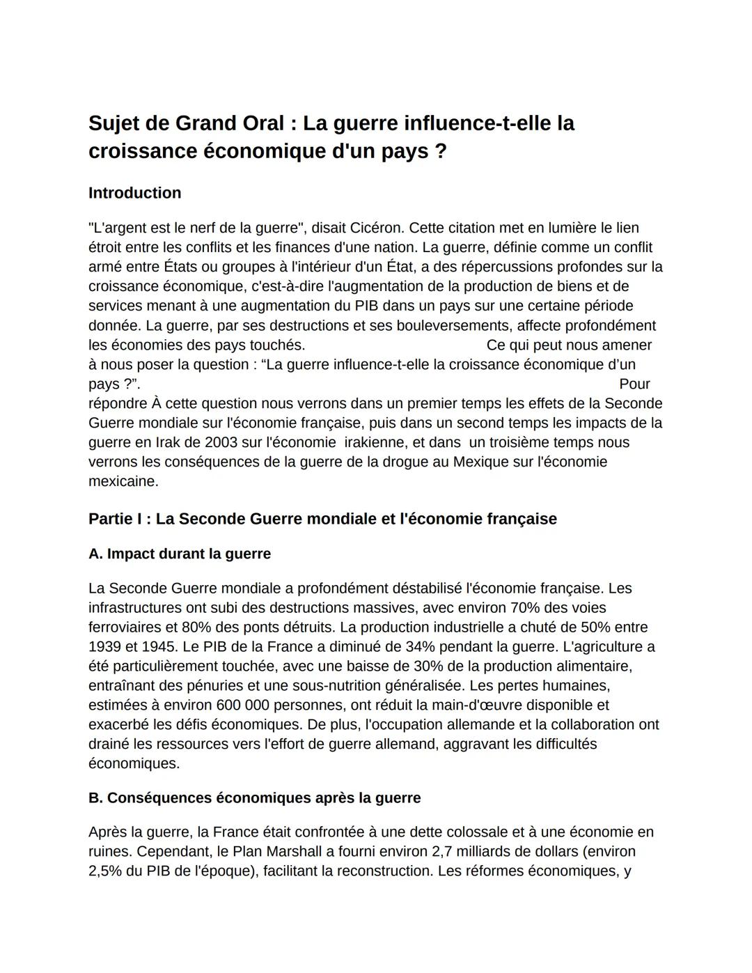 # Sujet de Grand Oral: La guerre influence-t-elle la
croissance économique d'un pays ?
Introduction
"L'argent est le nerf de la guerre", d