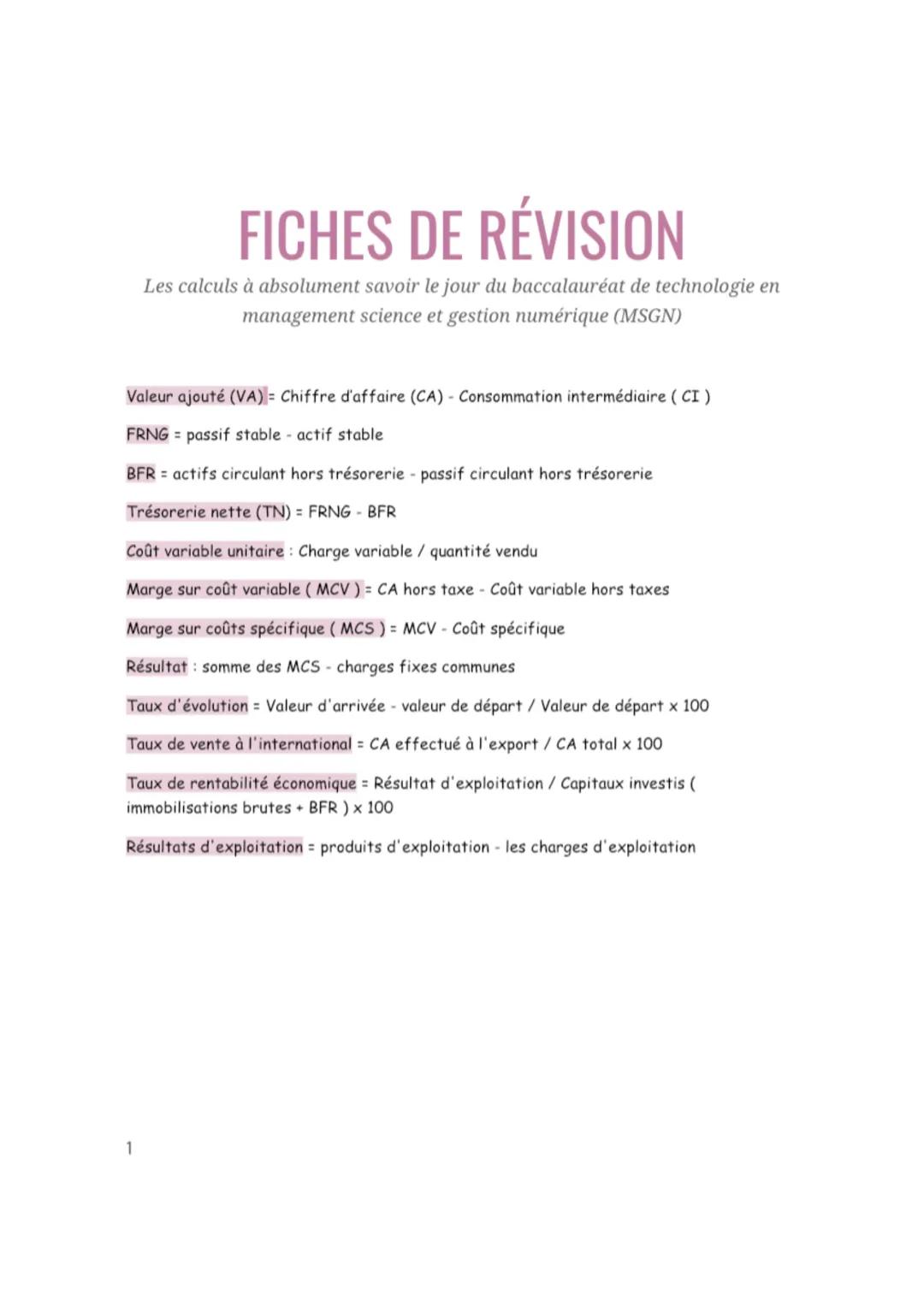 # FICHES DE RÉVISION
Les calculs à absolument savoir le jour du baccalauréat de technologie en
management science et gestion numérique (MSG
