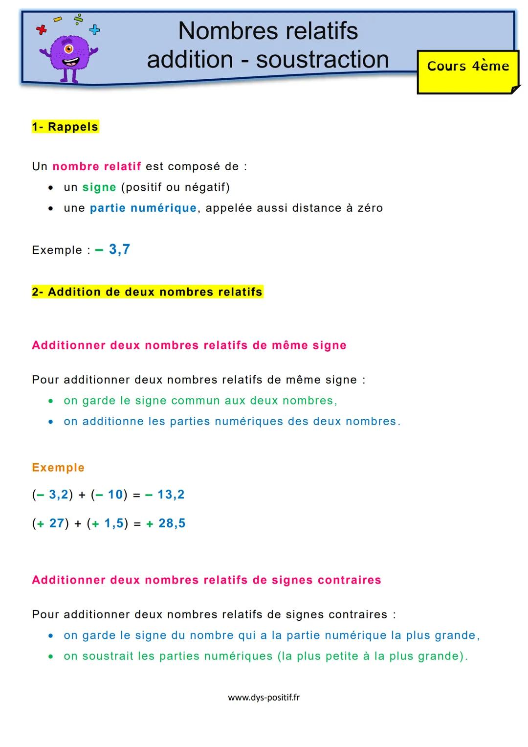 Nombres relatifs
addition - soustraction
1- Rappels
Un nombre relatif est composé de :
. un signe (positif ou négatif)
•
une partie numériqu