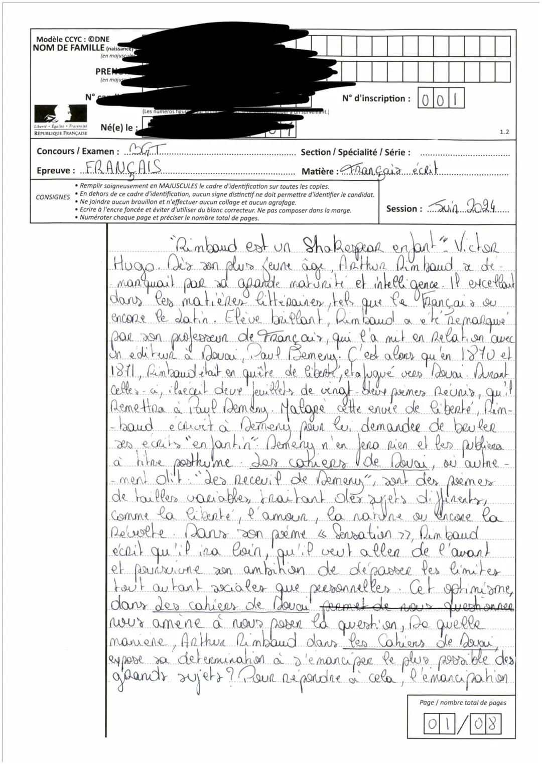 MINISTERE
DE L'EDUCATION
NATIONALE
COPIE
ÉPREUVES ANTICIPÉES DU
BACCALAURÉAT
Epreuve
Série
Baccalauréat général
Session
2024
Epreuve
Fr