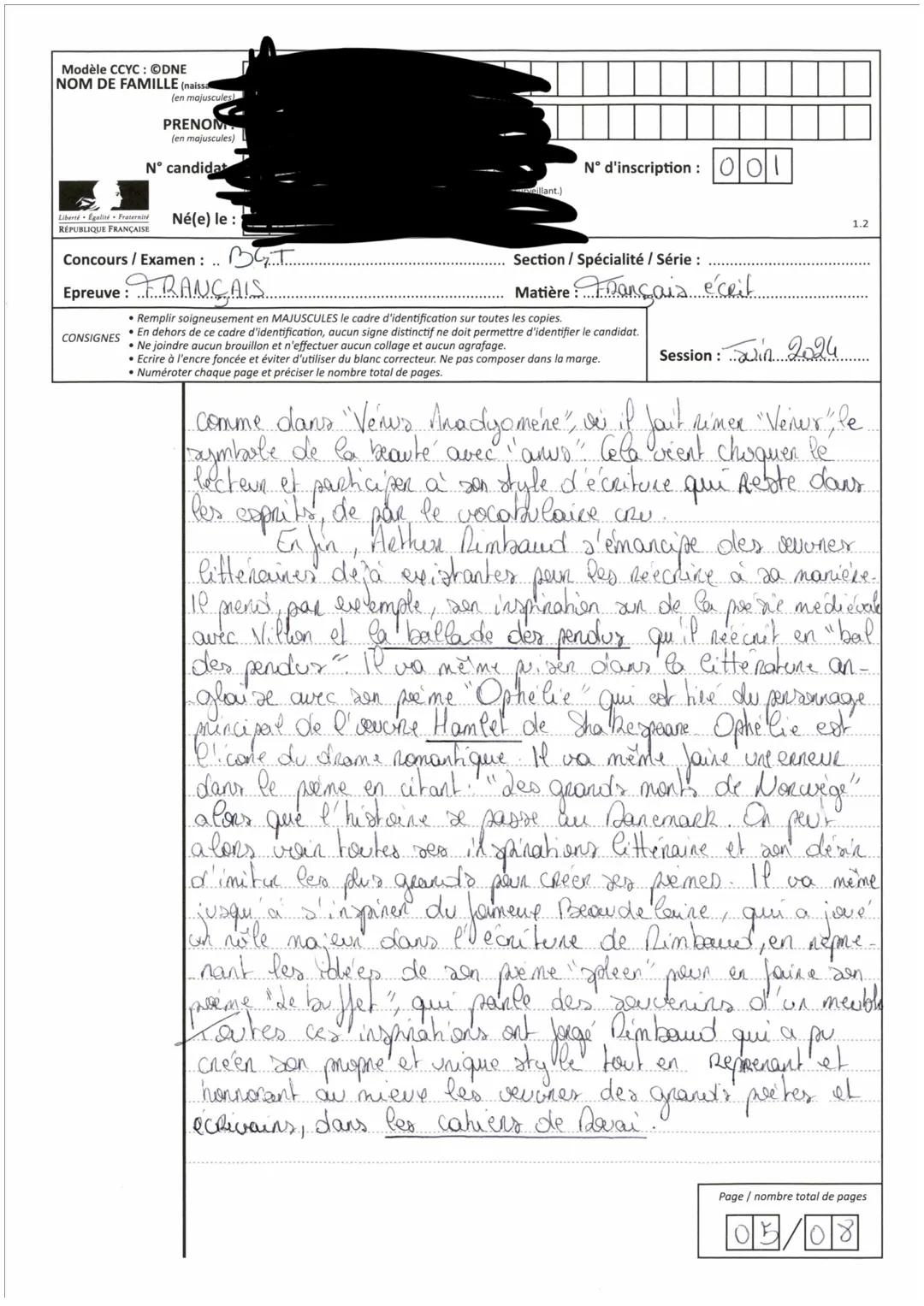 MINISTERE
DE L'EDUCATION
NATIONALE
COPIE
ÉPREUVES ANTICIPÉES DU
BACCALAURÉAT
Epreuve
Série
Baccalauréat général
Session
2024
Epreuve
Fr