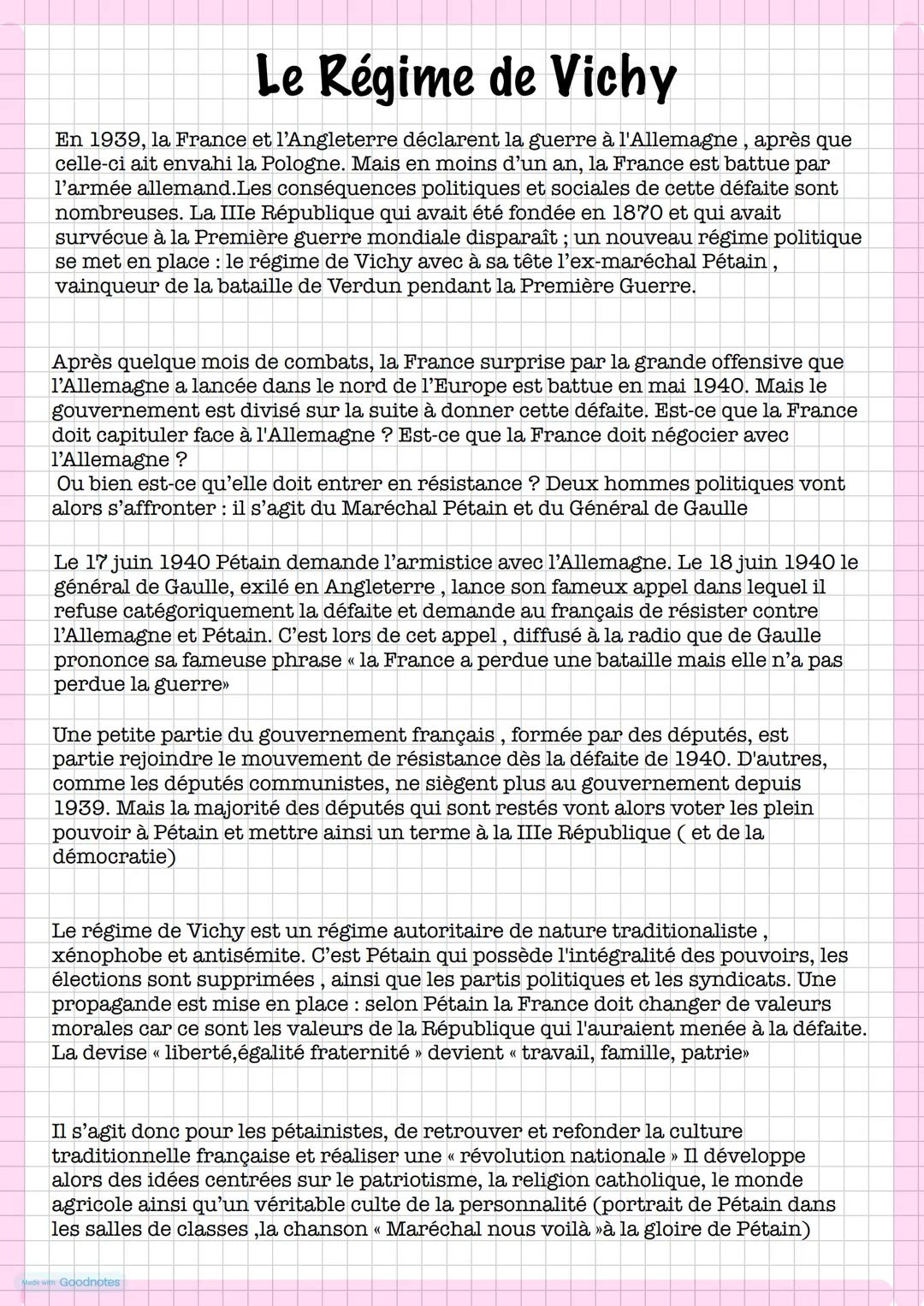 Le Régime de Vichy
En 1939, la France et l'Angleterre déclarent la guerre à l'Allemagne, après que
celle-ci ait envahi la Pologne. Mais en m