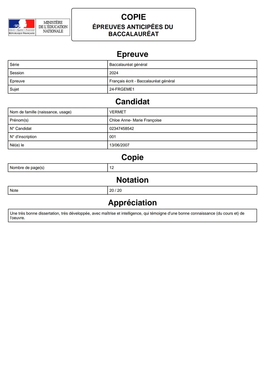 REPUBLIQUE FRANÇAISE
Série
Session
Epreuve
Sujet
MINISTÈRE
DE L'EDUCATION
NATIONALE
Nom de famille (naissance, usage)
Prénom(s)
N° Candidat