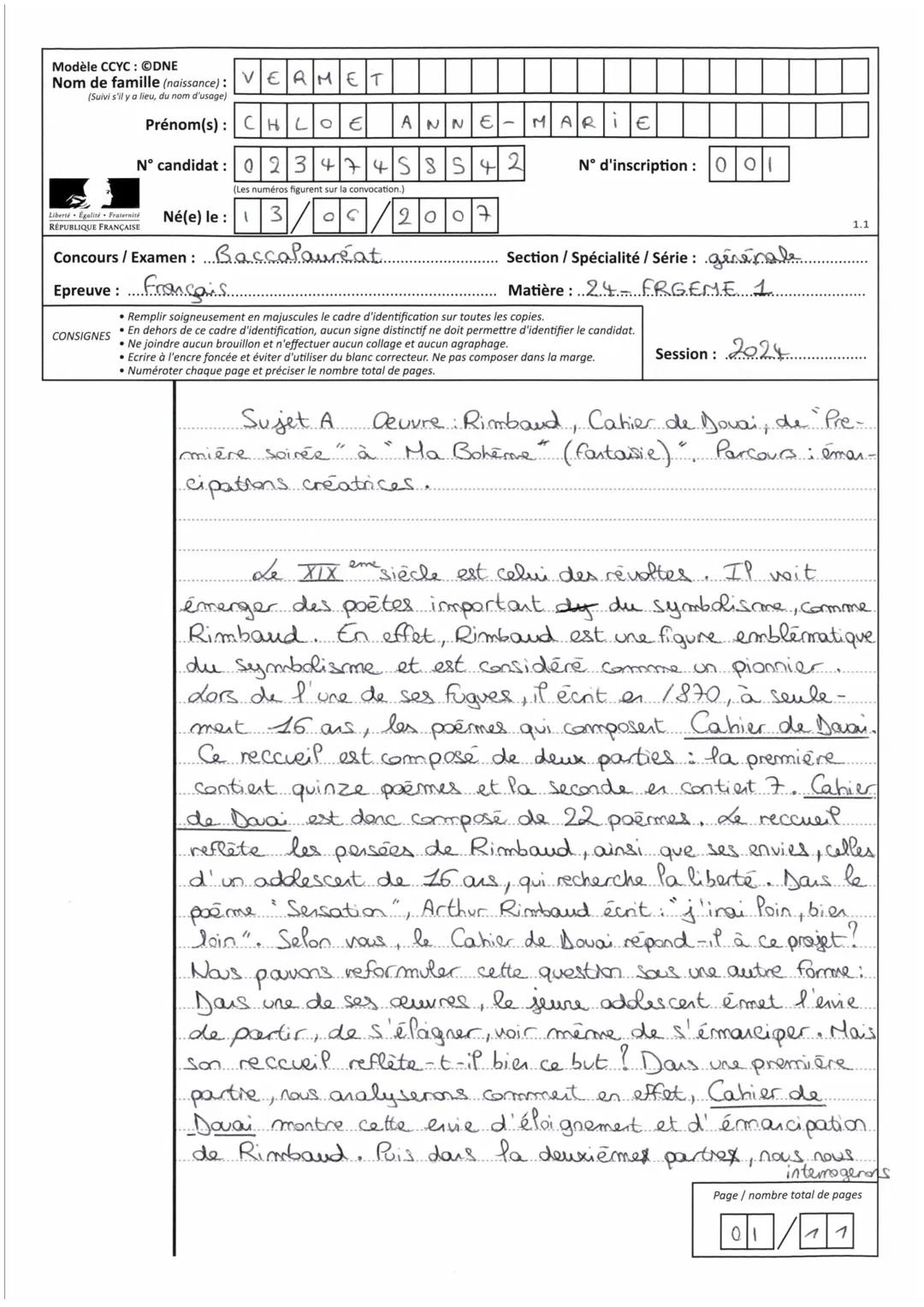 REPUBLIQUE FRANÇAISE
Série
Session
Epreuve
Sujet
MINISTÈRE
DE L'EDUCATION
NATIONALE
Nom de famille (naissance, usage)
Prénom(s)
N° Candidat
