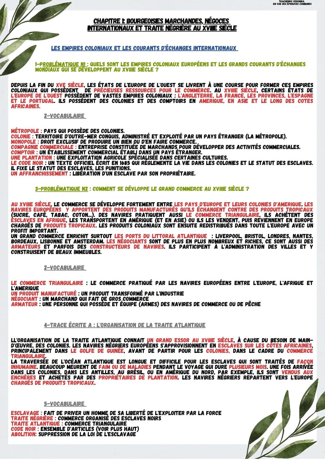 TKACHENKO VERONIKA,
EN VUE DES ÉPREUVES COMMUNES
CHAPITRE BOURGEOISIES MARCHANDES, NÉGOCES
INTERNATIONAUX ET TRAITE NEGRIERE AU XVIIE SIÈCLE