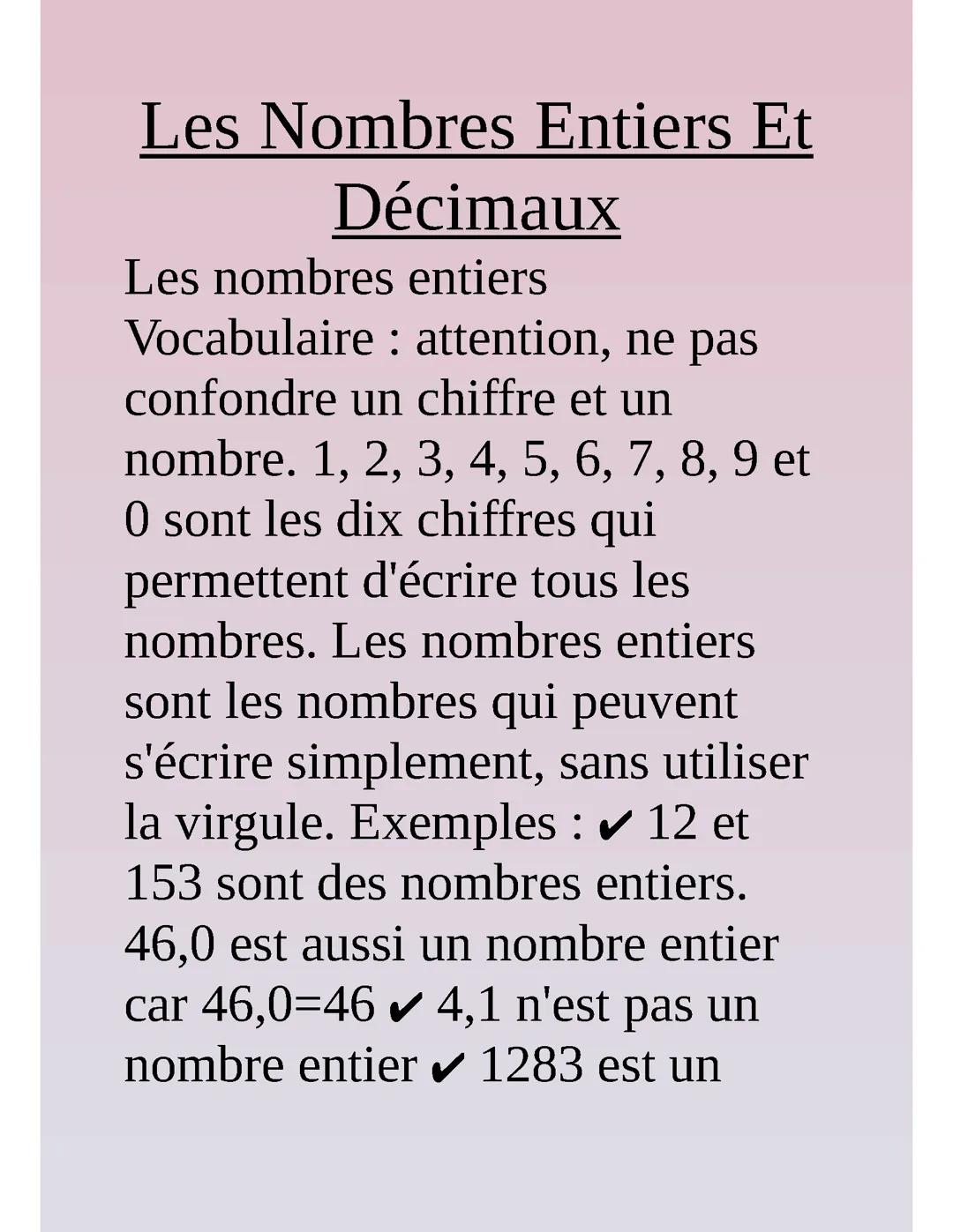 Les nombres entiers et décimaux