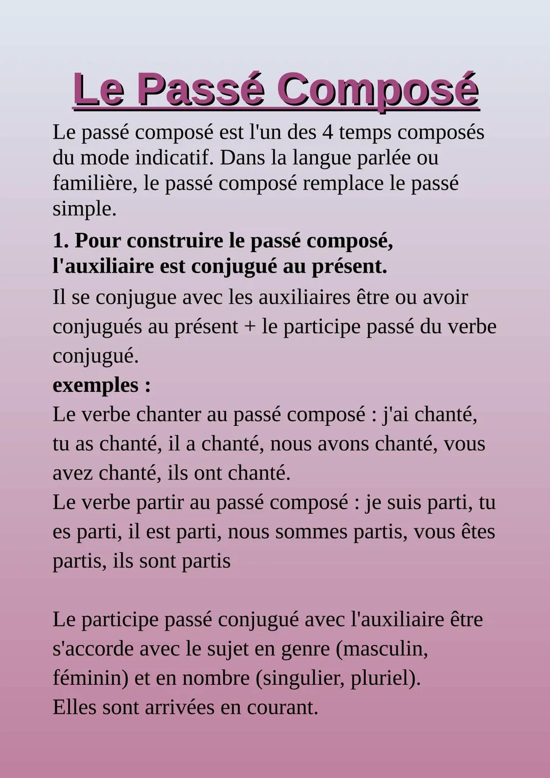 Le Passé Composé
Le passé composé est l'un des 4 temps composés
du mode indicatif. Dans la langue parlée ou
familière, le passé composé remp