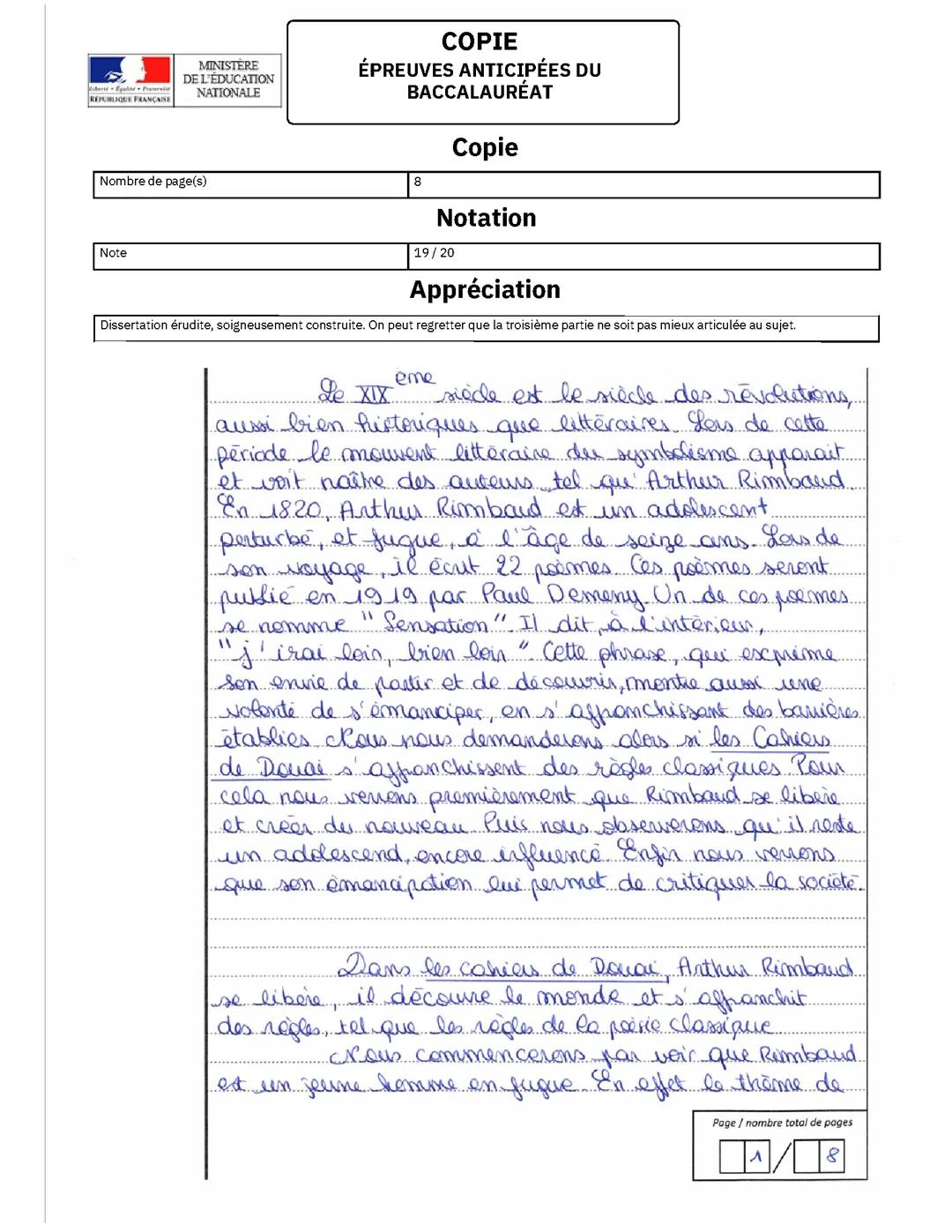 Copie du bac de français sur Arthur Rimbaud, Les cahiers de Douai 2024
